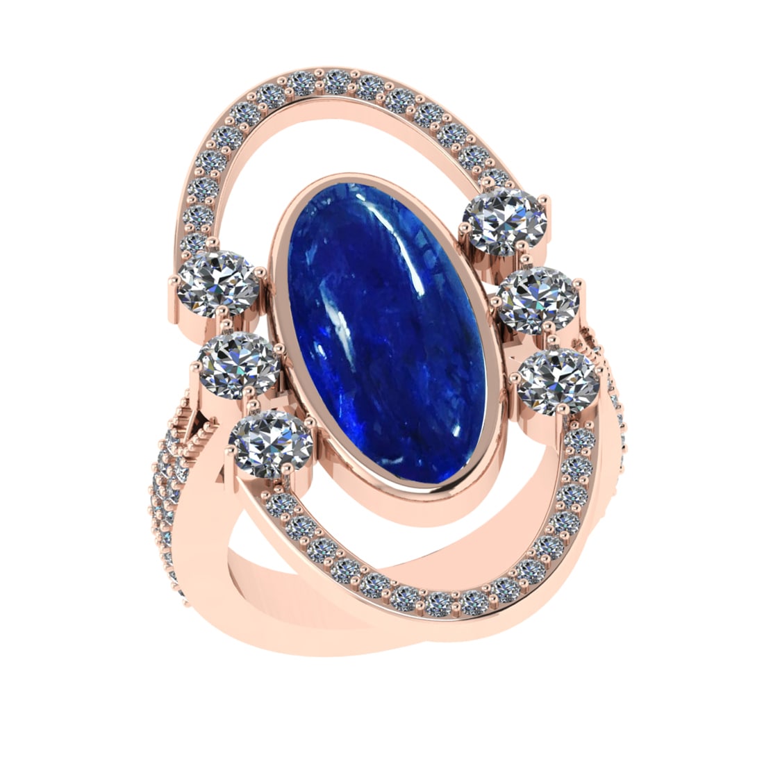 22.04 Ctw VS/SI1 Tanzanite and Diamond Prong Set 14K Rose Gold Engagement R: Color Stone Weight : 19.73 Ctw (Oval Cab) Stone Color :- Tanzanite Center Stone Setting : Prong Side Weight Of Ctw 2.31 Ctw Color : J-K Clarity : VS/SI1 Stone Setting : Prong Metal Weight : Approx