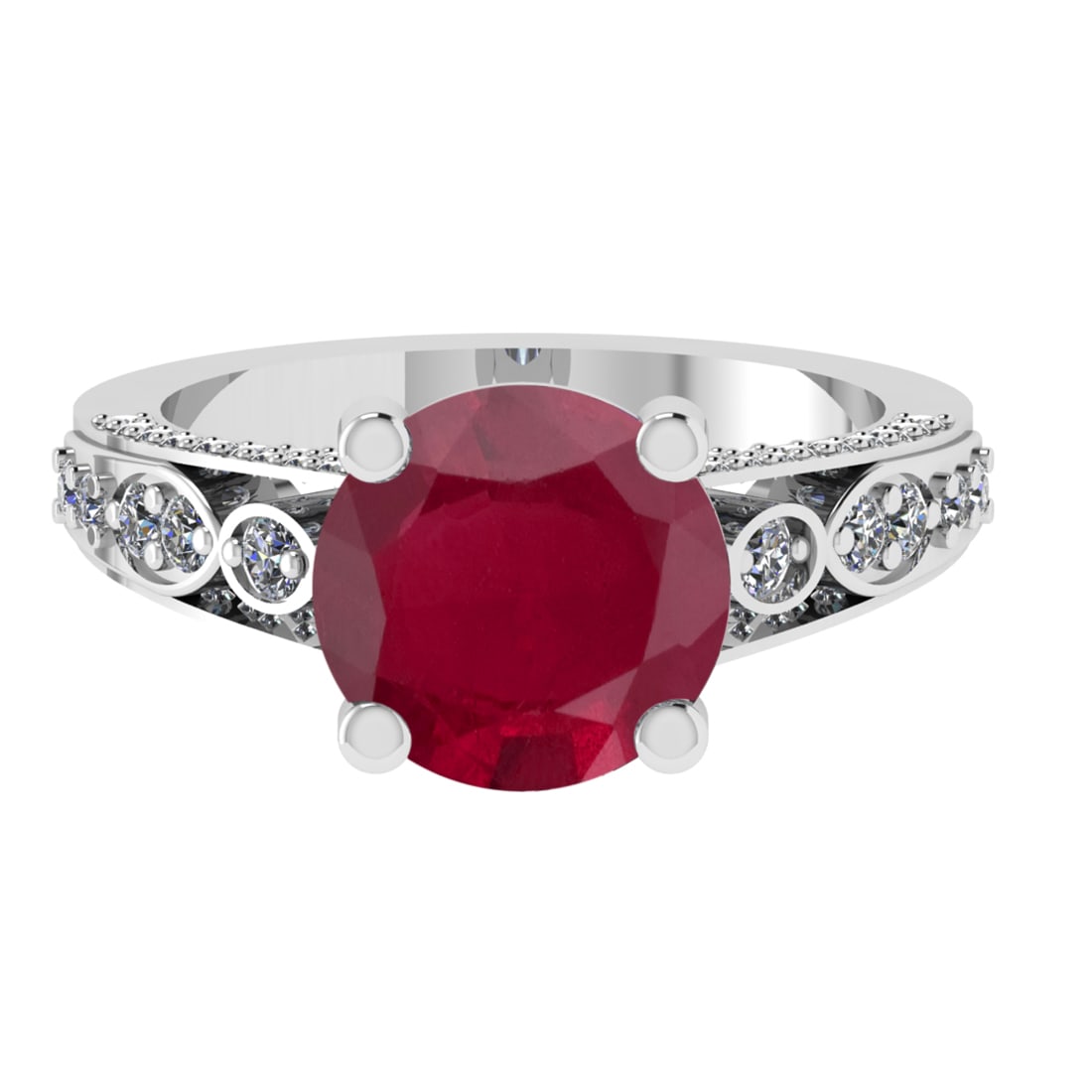 3.32 Ctw VS/SI1 Ruby and Diamond 14k white Gold Engagement Ring (ALL DIAMON: Center Stone Weight :-2.75 Ctw ( Round Cut) Center Stone Color :-Ruby Center Stone Setting : Prong Side Diamond Weight Of Ctw 0.58 Ctw Color : G-H Clarity : VS/SI1 Daimond Setting : Prong Metal Weight