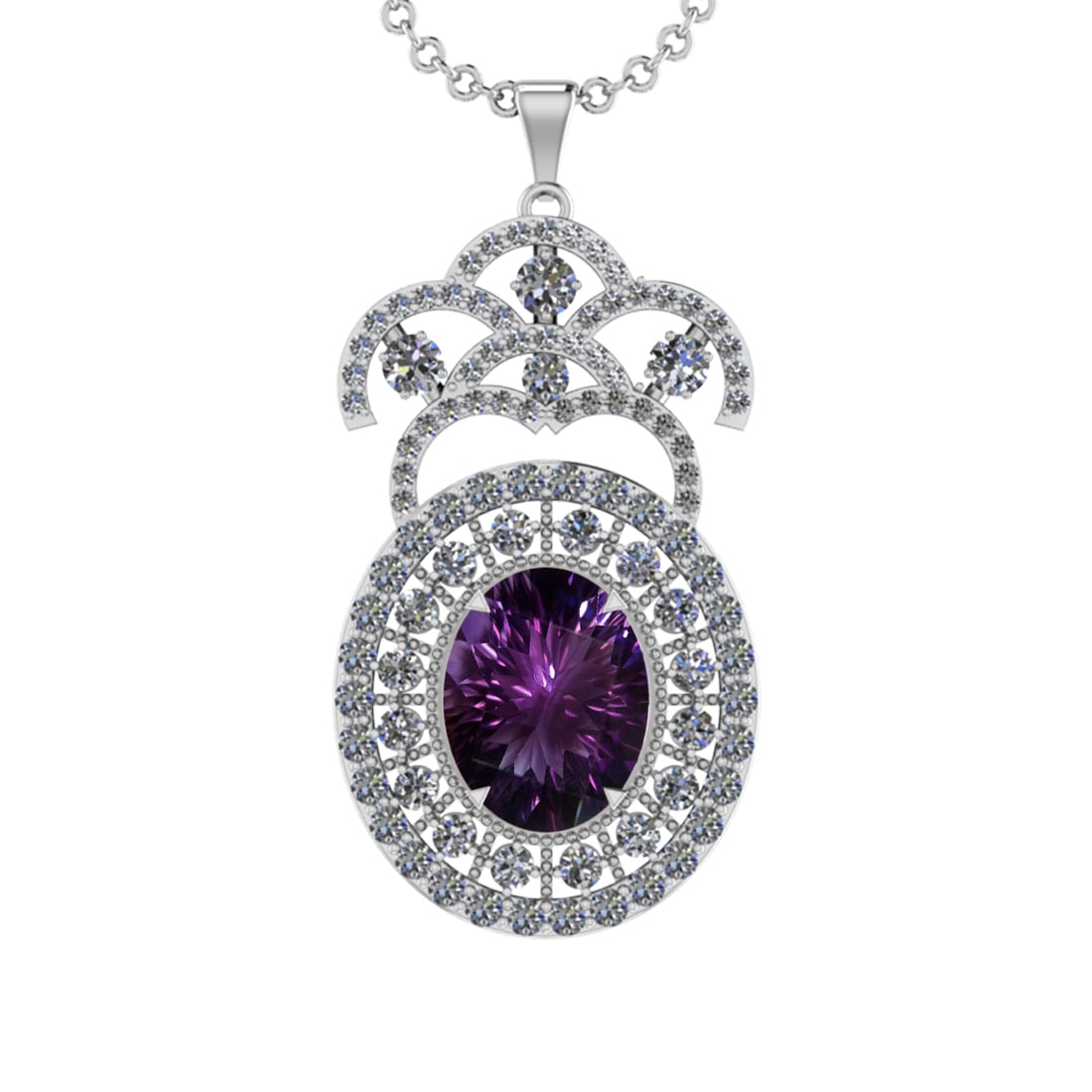 19.91 Ctw VS/SI1 Amethyst and Diamond 14K White Gold Pendant (ALL DIAMOND A: Color Stone Weight : 15.20 Ctw ( Oval Cut) Stone Color :- Amethyst Center Stone Setting : Prong Side Weight Of Ctw 4.71 Ctw Color : J-K Clarity : VS/SI1 Stone Setting : Prong Metal Weight : Approx 17.