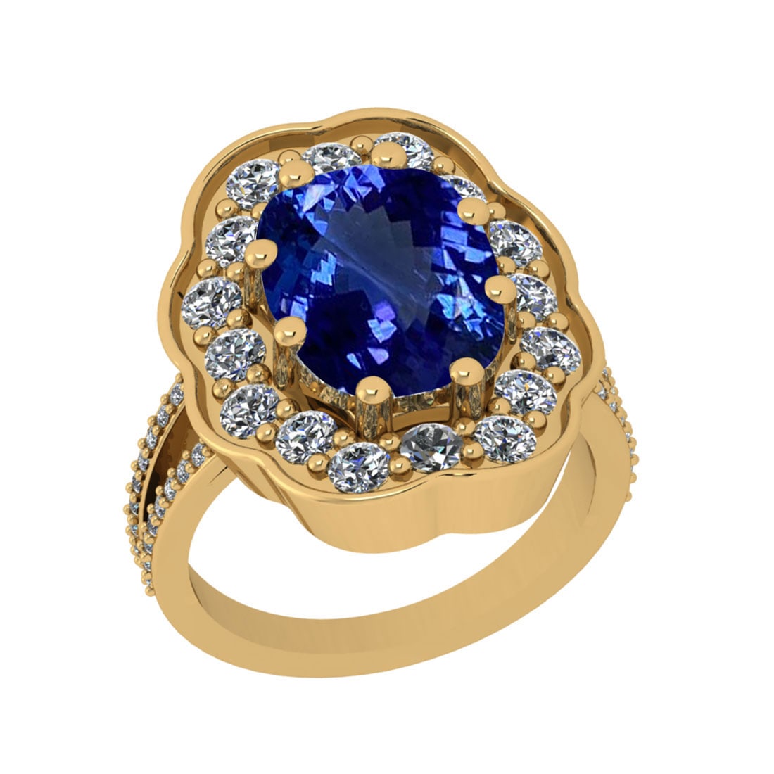 6.17 Ctw VS/SI1 Tanzanite And Diamond 18k Yellow Gold Cocktail Ring: Center Stone Weight : 4.74 Ctw (Cushion Cut ) Center Stone Color : Tanzanite Stone Setting : Prong Side Stone Weight Of Ctw 1.43 Ctw Side Stone Color : J-K Stone Clarity : VS/SI1 Stone Setting :