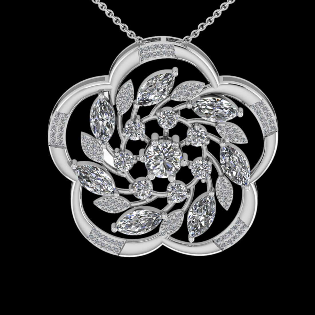 4.15 Ctw VS/SI1 Diamond 18K White Gold Necklace (ALL DIAMOND ARE LAB GROWN: Center Diamond Weight :- 3.69 Ctw (Round & Marquise cut) Color :- G-H Clarity : VS/SI1 Center Stone Setting : Prong Side Diamond Weight Of Ctw 0.46 Ctw Color : G-H Clarity : VS/SI1 Stone Setting : Pro