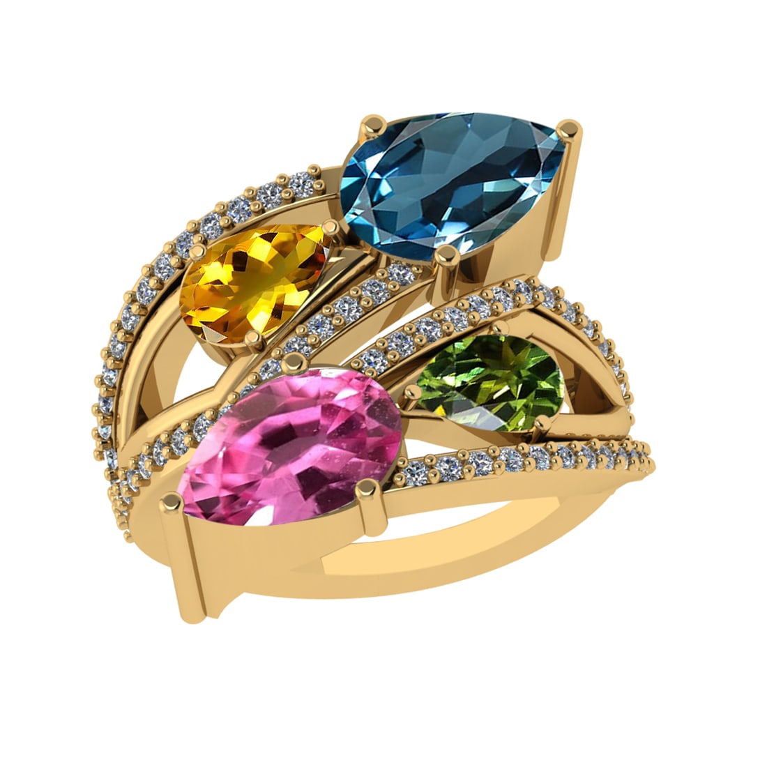 4.01 Ctw VS/SI1 Multi Sapphire and Diamond 14k Yellow Gold Engagement Ring: Multi Stone Weight :-3.50 Ctw ( Pear Cut) Multi Stone Color :- Orange,Green,Yellow,sparkle Sapphire Center Stone Setting : Prong Side Diamond Weight Of Ctw :- 0.51 Ctw Color : F-G Clarity : VS/SI1