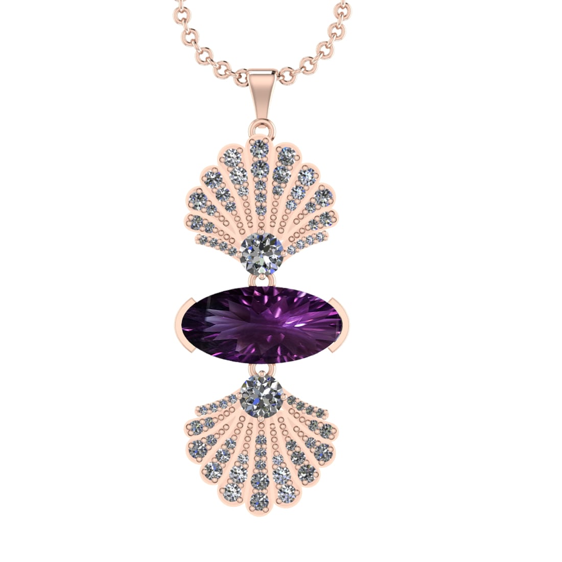 13.85 Ctw VS/SI1 Amethyst and Diamond Prong Set 14k Rose Gold Pendant (ALL: Center Stone Weight : 12.20 Ctw ( Oval Cut) Center Stone Color :-Amethyst Setting : Prong Side Weight Of Ctw 1.60 Ctw Color : J-K Clarity : VS/SI1 Stone Setting : Prong Metal Weight : Approx 13.40