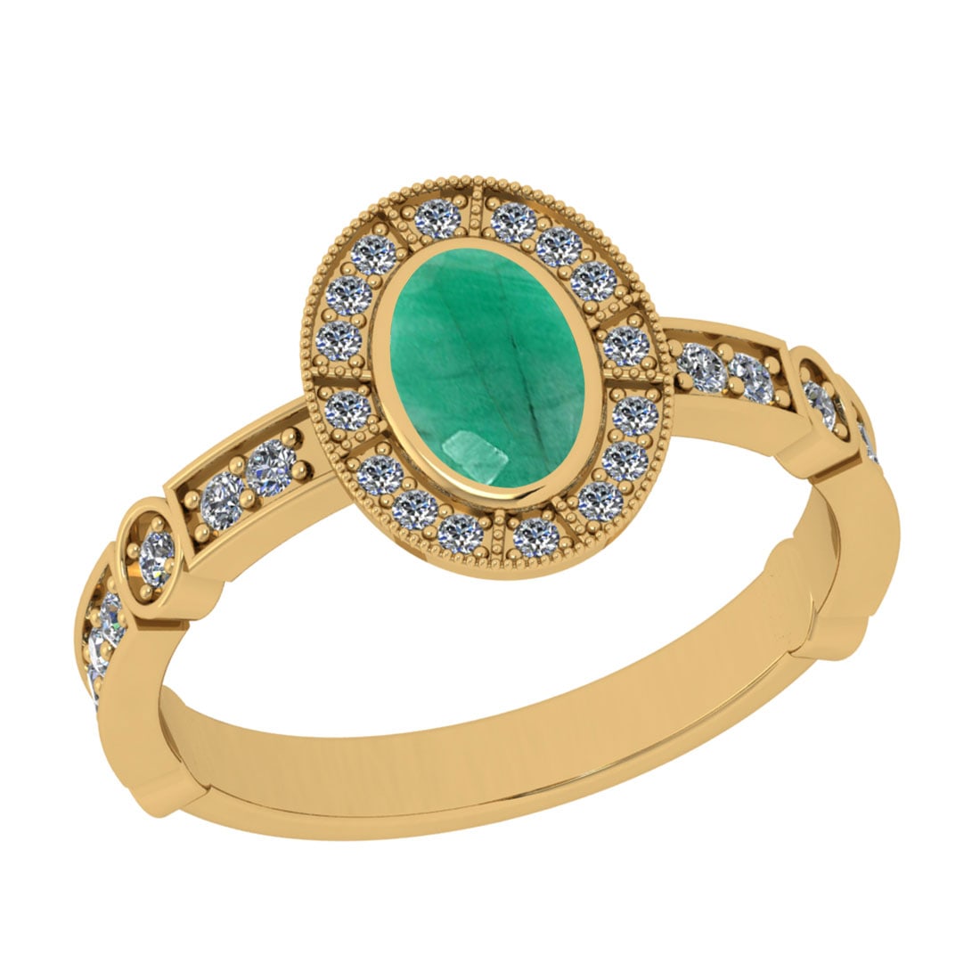 1.07 Ctw VS/SI1 Emerald And Diamond 14K Yellow Gold Wedding Ring: Center Stone Weight : 0.75 Ctw (Oval Cut) Center Stone Color : Emerald Stone Setting : Prong Side Stone Weight Of Ctw 0.32 Ctw Side Stone Color : J-K Stone Clarity : VS/SI1 Stone Setting : Prong