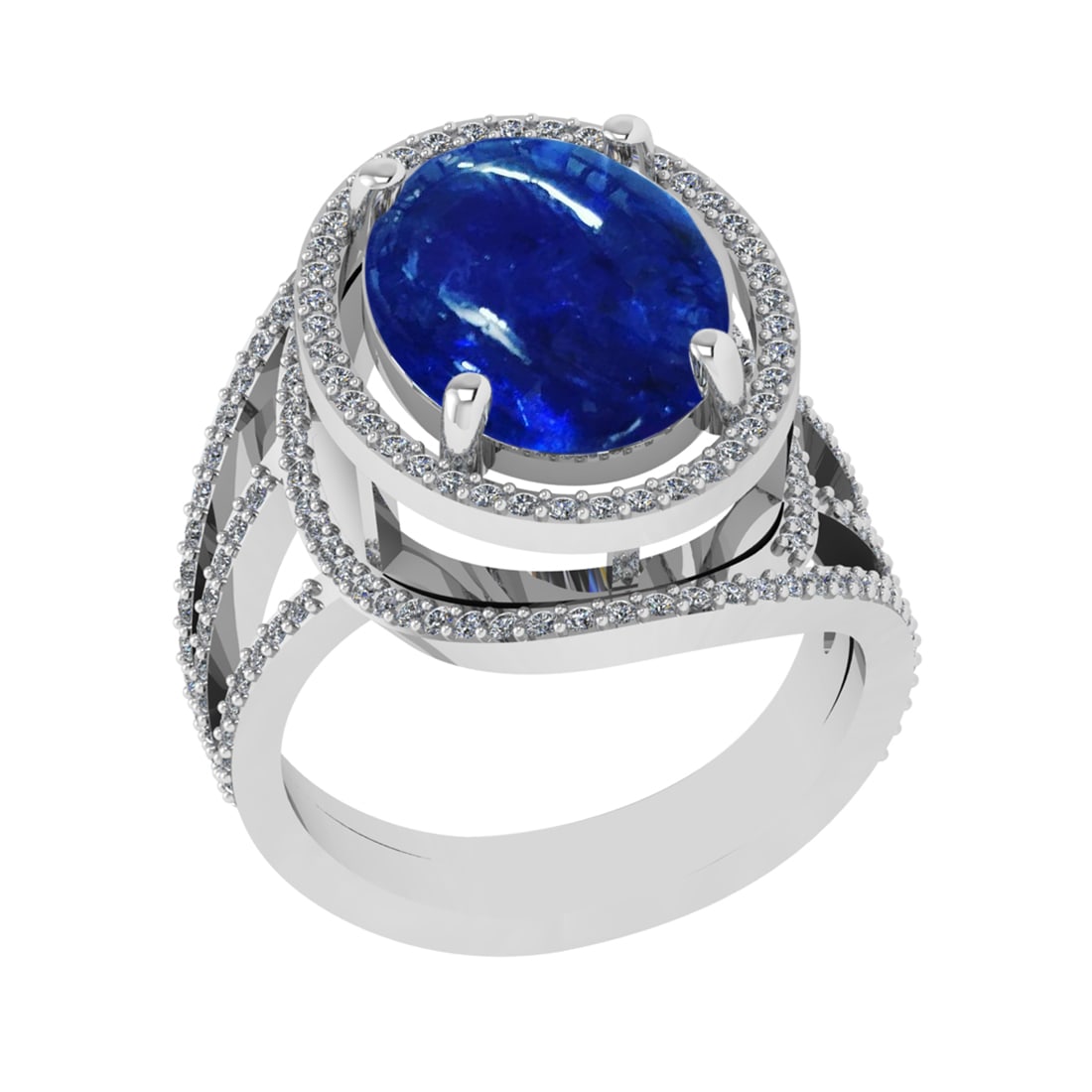 8.04 Ctw SI1/SI2 Tanzanite and Diamond 14k white Gold Engagement Ring ( (AL: Center Stone Weight :-7.30 Ctw ( Oval Cab) Center Stone Color :-Tanzanite Center Stone Setting : Prong Side Diamond Weight Of Ctw 0.74 Ctw Color : J-K Clarity : SI1/SI2 Stone Setting : Prong Metal