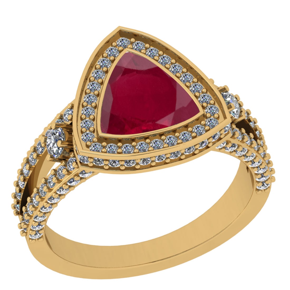 2.99 Ctw VS/SI1 Ruby And Diamond 14K Yellow Gold Cocktail Ring: Center Stone Weight : 2.00 Ctw (Trillion Cut) Center Stone Color : Ruby Stone Setting : Prong Side Stone Weight Of Ctw 0.99 Ctw Side Stone Color : J-K Stone Clarity : VS/SI1 Stone Setting : Prong