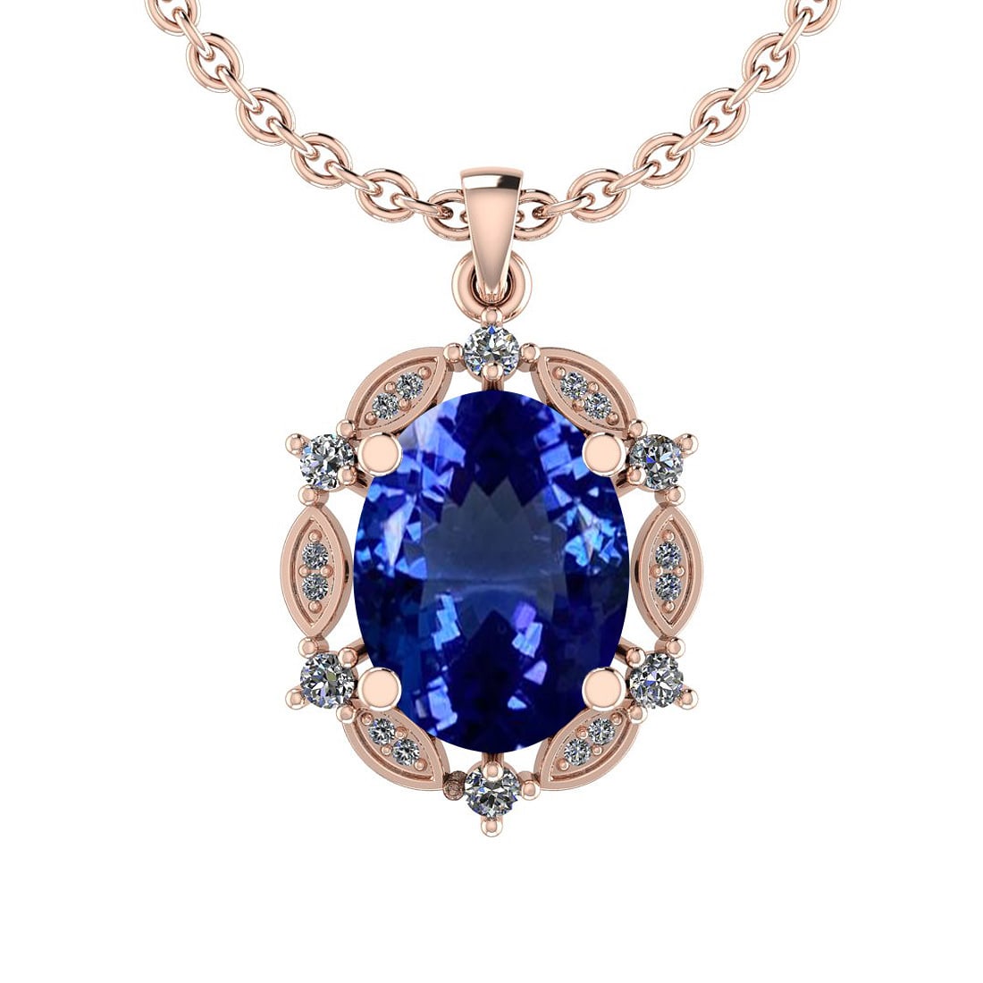 5.02 Ctw VS/SI1 Tanzanite And Diamond 14K Rose Gold Necklace: Center Stone Approx Weight: 4.80 Ctw (Oval Cut) Center Stone Color: Tanzanite Center Stone Setting: Prong Side Stone 0.22 Ctw Side Stone Color: H-I Stone Clarity: VS/SI1 Stone Setting: Prong Metal