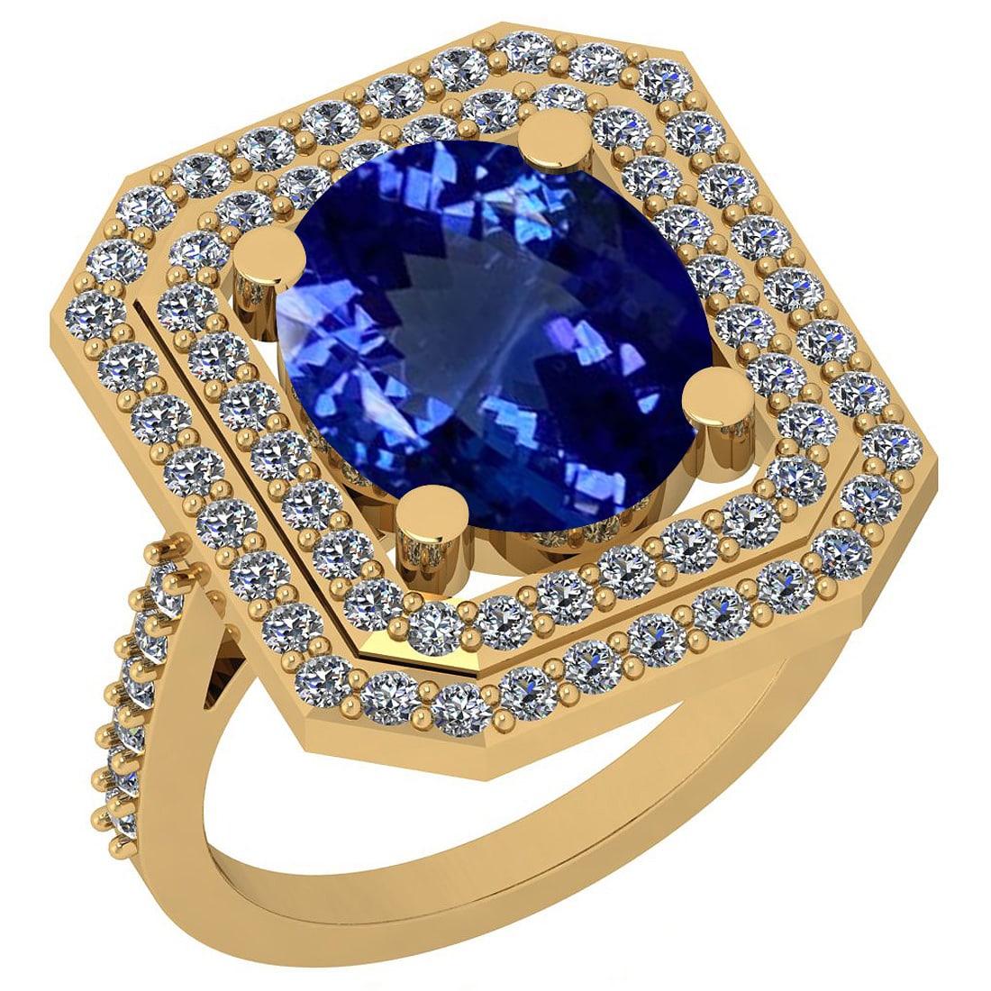 5.47 Ctw VS/SI1 Tanzanite And Diamond 14K Yellow Gold Ring: Center Stone Approx Weight: 4.44 Ctw (Oval Cut) Center Stone Color: Tanzanite Center Stone Setting: Prong Side Stone 1.03 Ctw Side Stone Color: H-I Stone Clarity: VS/SI1 Stone Setting: Prong Metal