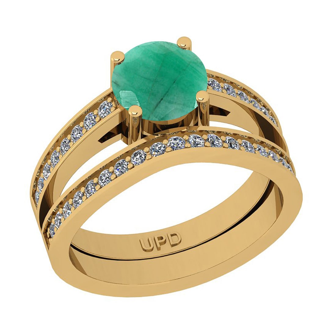 1.67 Ctw SI2/I1 Emerald And Diamond 14K Yellow Gold Bridal Wedding Set Ring: Center Stone Weight : 1.25 Ctw ( Round Cut) Center Stone Color :-Emerald Stone Setting : Prong Side Stone Weight Of Ctw 0.42 Ctw Side Stone Color : J-K Stone Clarity : SI2/I1 Stone Setting : Prong