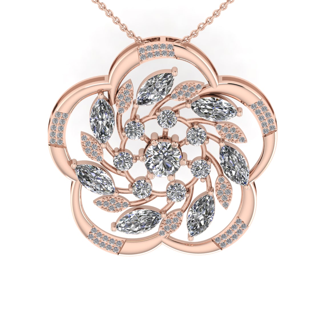 4.15 Ctw VS/SI1 Diamond 14K Rose Gold Necklace (ALL DIAMOND ARE LAB GROWN ): Center Diamond Weight :- 3.69 Ctw (Round & Marquise cut) Color :- J-K Clarity : I2/I3 Center Stone Setting : Prong Side Diamond Weight Of Ctw 0.46 Ctw Color : J-K Clarity : VS/SI1 Stone Setting :