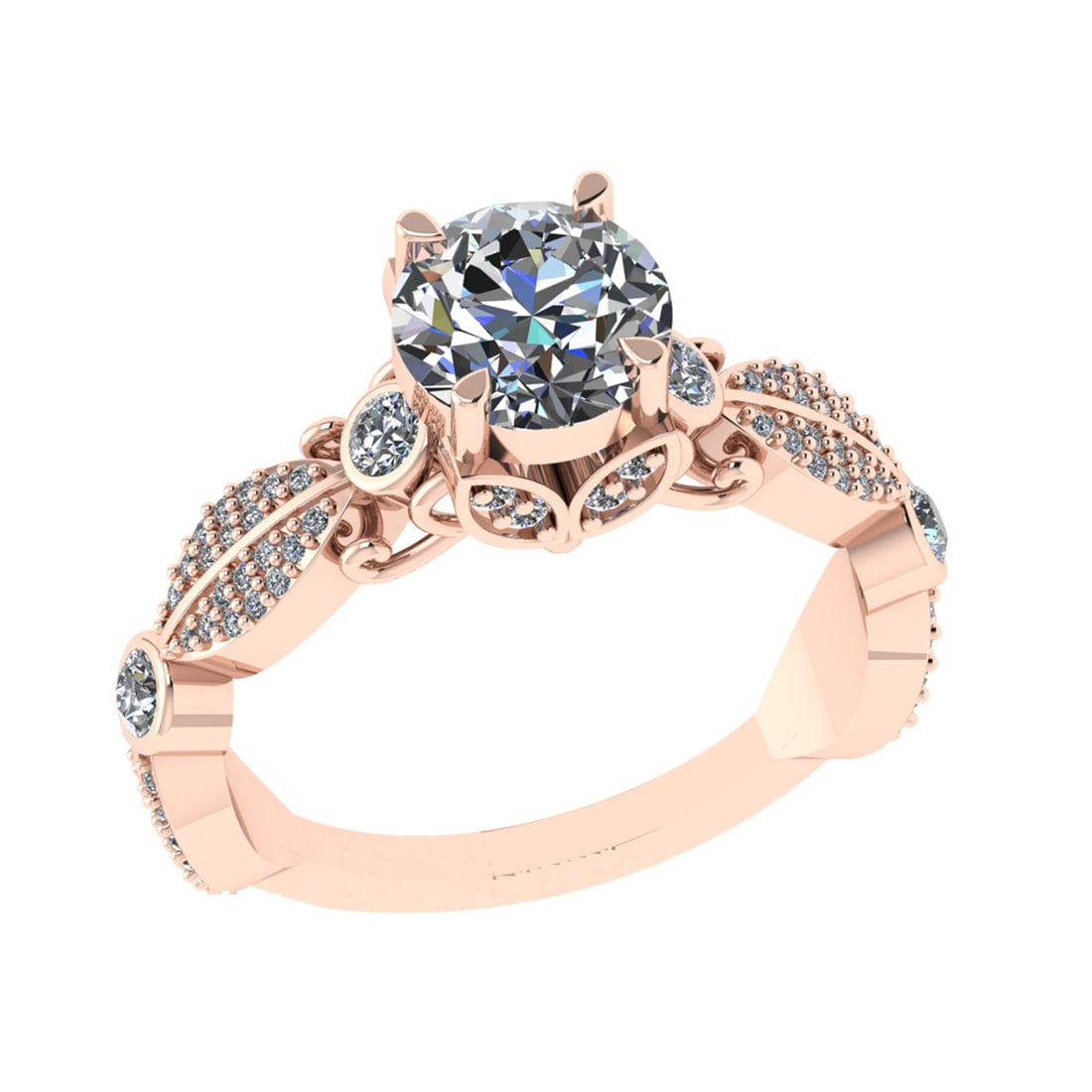 1.76 Ctw VS/SI1 Diamond Prong Set 18k Rose Gold Engagement Ring: Center Diamond Weight :-1.30 Ctw ( Round cut) Color :- G-H Clarity : VS/SI1 Center Stone Setting : Prong Side Diamond Weight Of Ctw 0.46 Ctw Color : G-H Clarity : VS/SI1 Stone Setting : Prong Metal