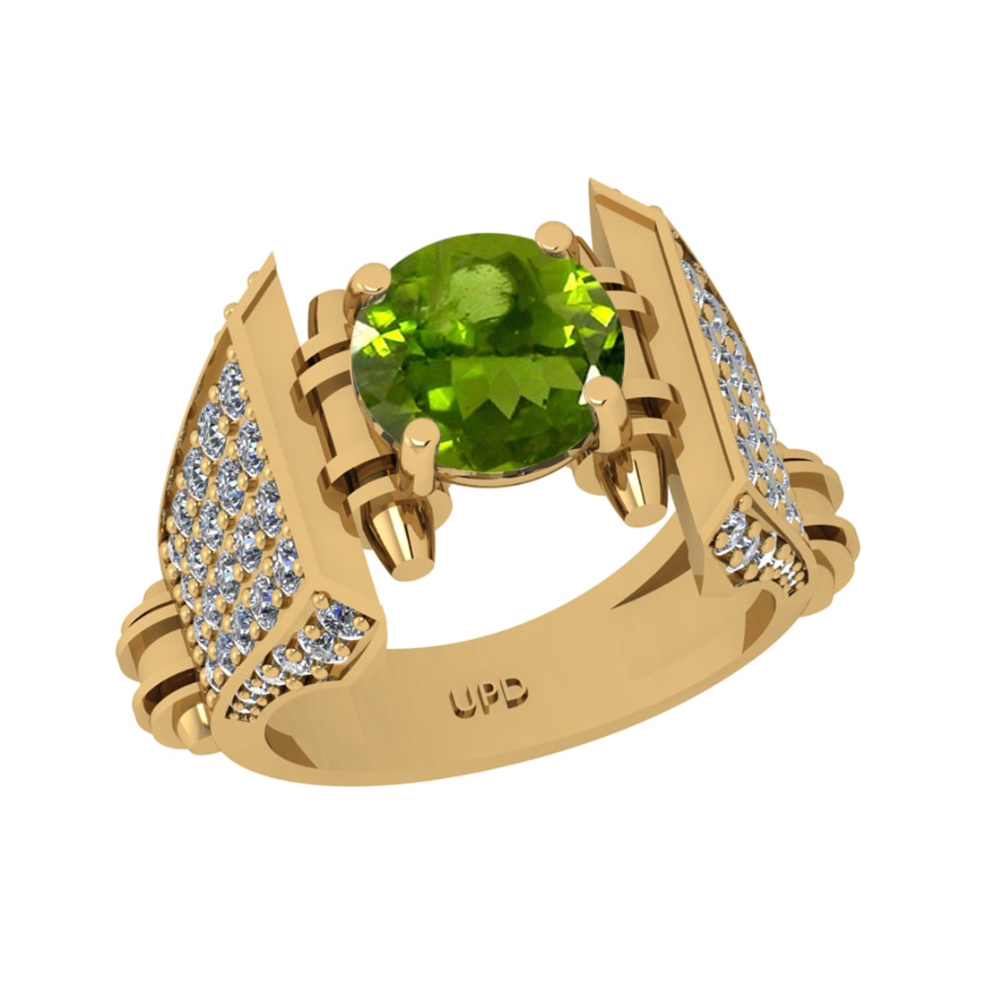 3.62 Ctw VS/SI1 Peridot and Diamond Set 10K Yellow Gold Engagement Ring (AL: Center Stone Weight :-2.43 Ctw ( Round Cut) Center Stone Color :-Peridot Center Stone Setting : Prong Side Diamond Weight Of Ctw 1.19 Ctw Color : J-K Clarity : VS/SI1 Daimond Setting : Prong Metal
