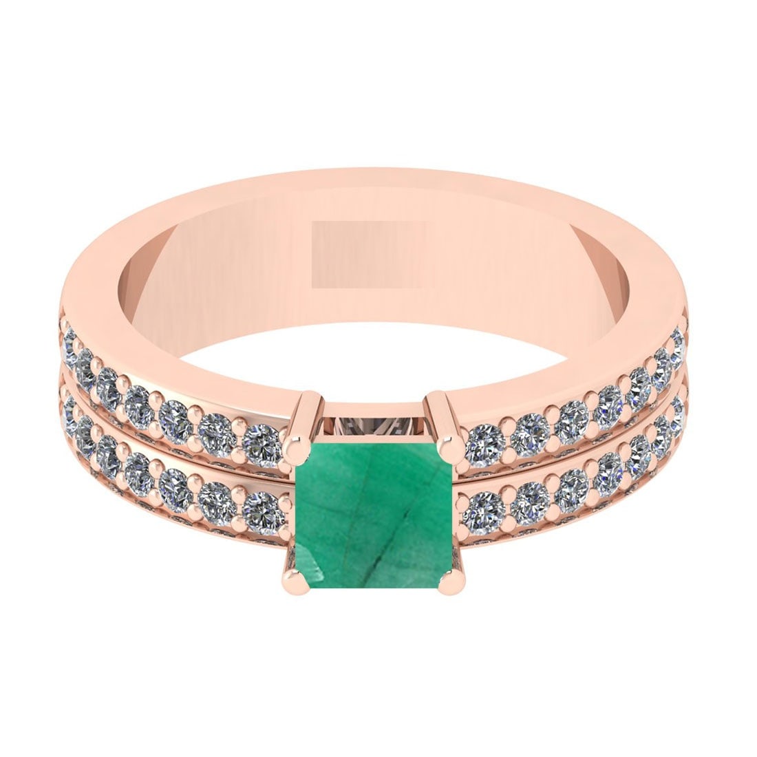1.10 Ctw VS/SI1 Emerald And Diamond 14K Rose Gold Cocktail Ring: Center Stone Weight : 0.70 Ctw (Cushion Cut )Center Stone Color : Emerald Stone Setting : Prong Side Stone Weight Of Ctw 0.40 Ctw Side Stone Color : J-K Stone Clarity : VS/SI1 Stone Setting : Prong