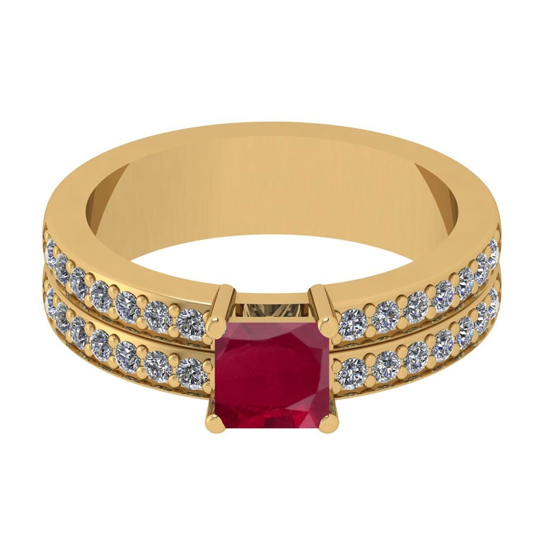 1.10 Ctw VS/SI1 Ruby And Diamond 14K Yellow Gold Cocktail Ring: Center Stone Weight : 0.70 Ctw (Cushion Cut )Center Stone Color : Ruby Stone Setting : Prong Side Stone Weight Of Ctw 0.40 Ctw Side Stone Color : J-K Stone Clarity : VS/SI1 Stone Setting : Prong