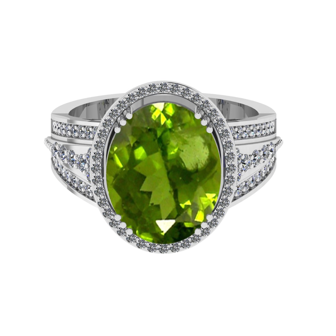 5.60 Ctw VS/SI1 Peridot And Diamond 14K White Gold Engagement Ring( ALL DIA: Center Stone Weight : 5.00 Ctw ( Oval Cut ) Center Stone Color : Peridot Stone Setting : Prong Side Diamond Weight Of Ctw 0.60 Ctw Side Stone Color : J-K Stone Clarity : VS/SI1 Stone Setting : Prong M