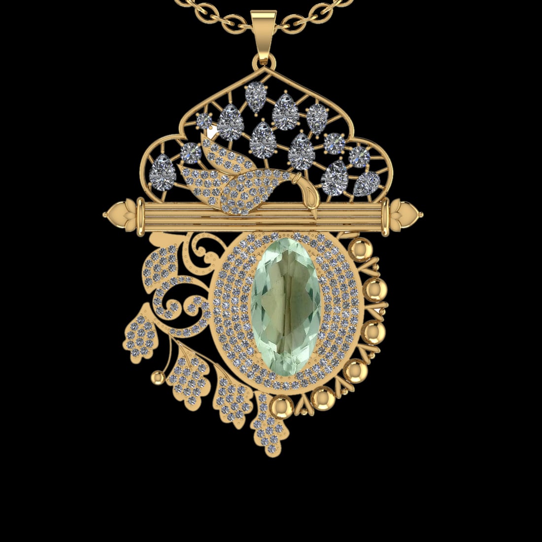 22.47 Ctw VS/SI1 Green Amethyst And Diamond 14K Yellow Gold Necklace( ALL D: Center Stone Weight : 12.15 Ctw ( Oval Cut ) Center Stone Color : Green Amethyst Stone Setting : Prong Side Diamond Weight Of Ctw 10.32 Ctw Side Stone Color : J-K Stone Clarity : VS/SI1 Stone Setting