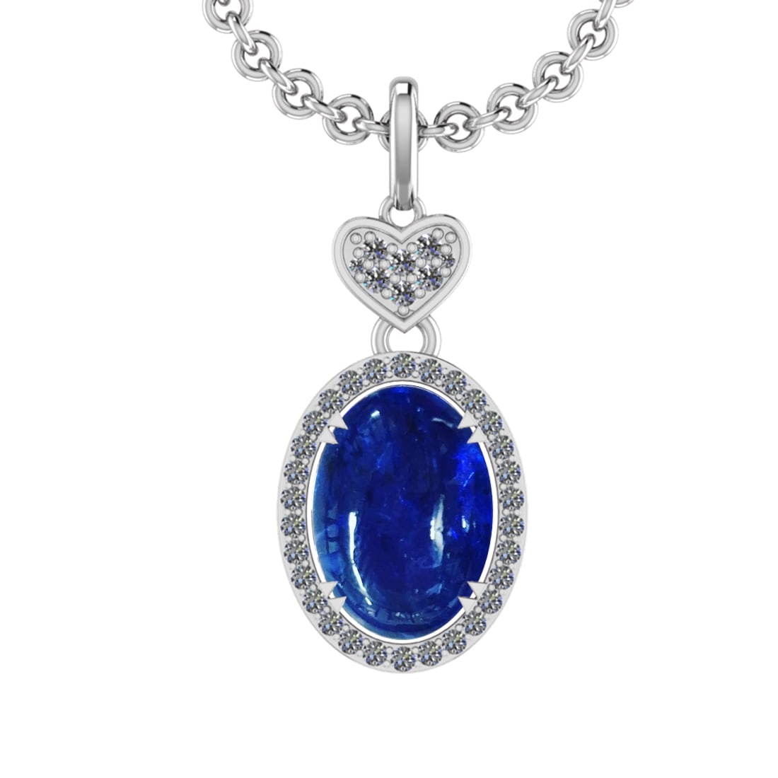 12.57 Ctw VS/SI1 Tanzanite and Diamond 14K White Gold Pendant: Center Stone Weight : 12.20 Ctw ( Oval Cab) Center Stone Color :-Tanzanite Setting : Prong Side Weight Of Ctw 0.37 Ctw Color : J-K Clarity :VS/SI1 Stone Setting : Prong Metal Weight : Approx 6.80