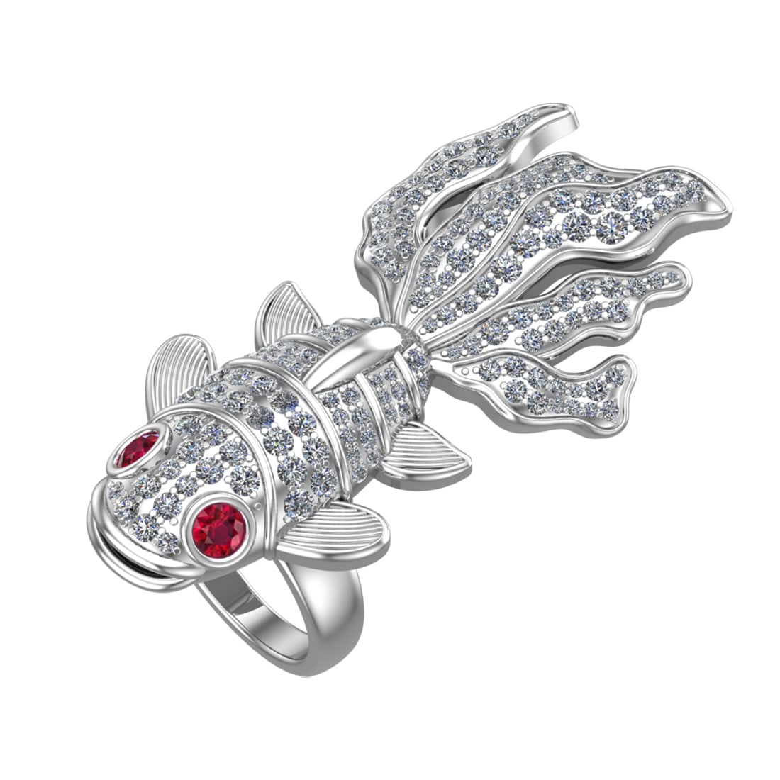 4.50 Ctw SI2/SI1 Ruby and Diamond Prong Set 14k white Gold Fish theme Ring: Eye Stone Weight :- 0.50 ctw Eye Stone Color :- Ruby Total Daimond Weight :-4.00 Ctw Color : G-H Clarity : SI2/SI1 Setting : Prong Metal Weight : Approx 49.20 gram 14k White Gold Fish theme Ring