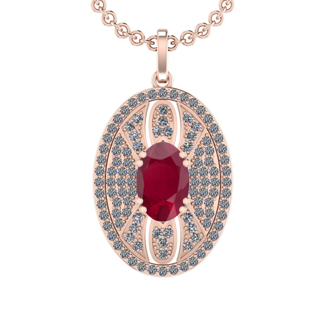 5.15 Ctw VS/SI1 Ruby and Diamond 14K Rose Gold Pendant (ALL DIAMOND ARE LAB: Center Stone Weight :-3.50 Ctw ( Oval Cut) Color :- Ruby Setting : Prong Side Diamond Weight Of Ctw 1.65 Ctw Color : J-K Clarity : VS/SI1 Stone Setting : Prong Metal Weight : Approx 10.50 gram 14K