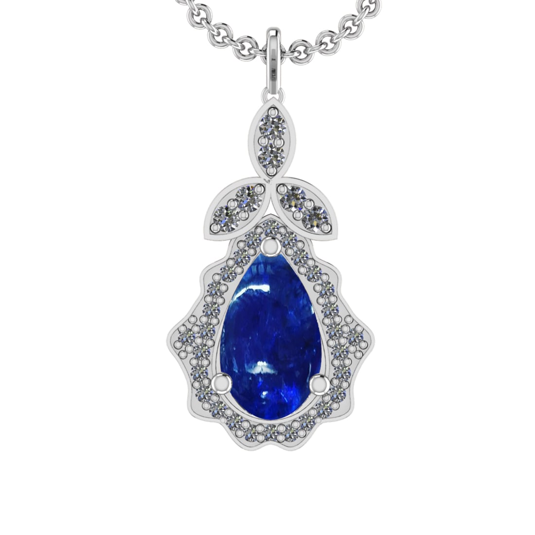 19.12 Ctw VS/SI1 Tanzanite and Diamond 14K White Gold Pendant: Center Stone Weight : 17.08 Ctw ( Pear Cut) Center Stone Color :-Tanzanite Setting : Prong Side Weight Of Ctw 2.04 Ctw Color : J-K Clarity :VS/SI1 Stone Setting : Prong Metal Weight : Approx 12.90