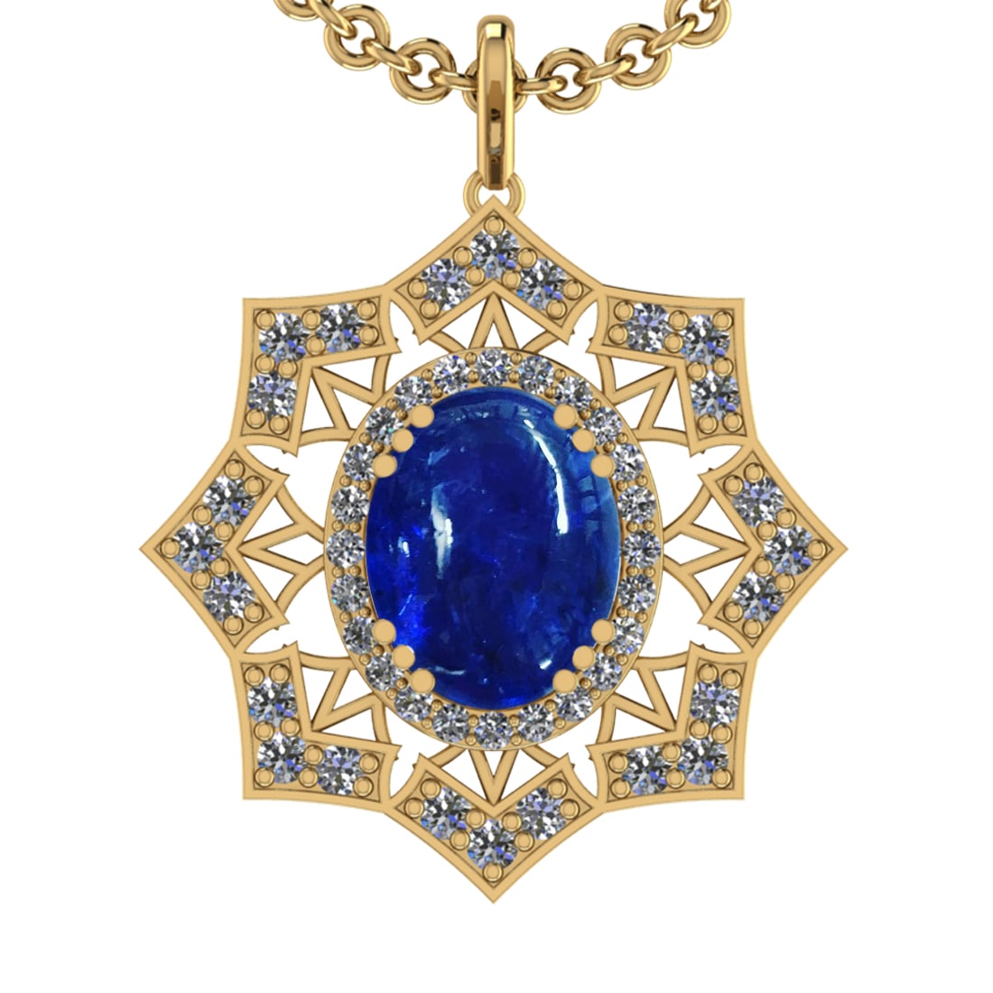 22.81 Ctw VS/SI1 Tanzanite and Diamond 14K Yellow Gold Pendant: Center Stone Weight : 20.97 Ctw ( Oval Cab) Center Stone Color :-Tanzanite Setting : Prong Side Weight Of Ctw 1.84 Ctw Color : J-K Clarity :VS/SI1 Stone Setting : Prong Metal Weight : Approx 12.90
