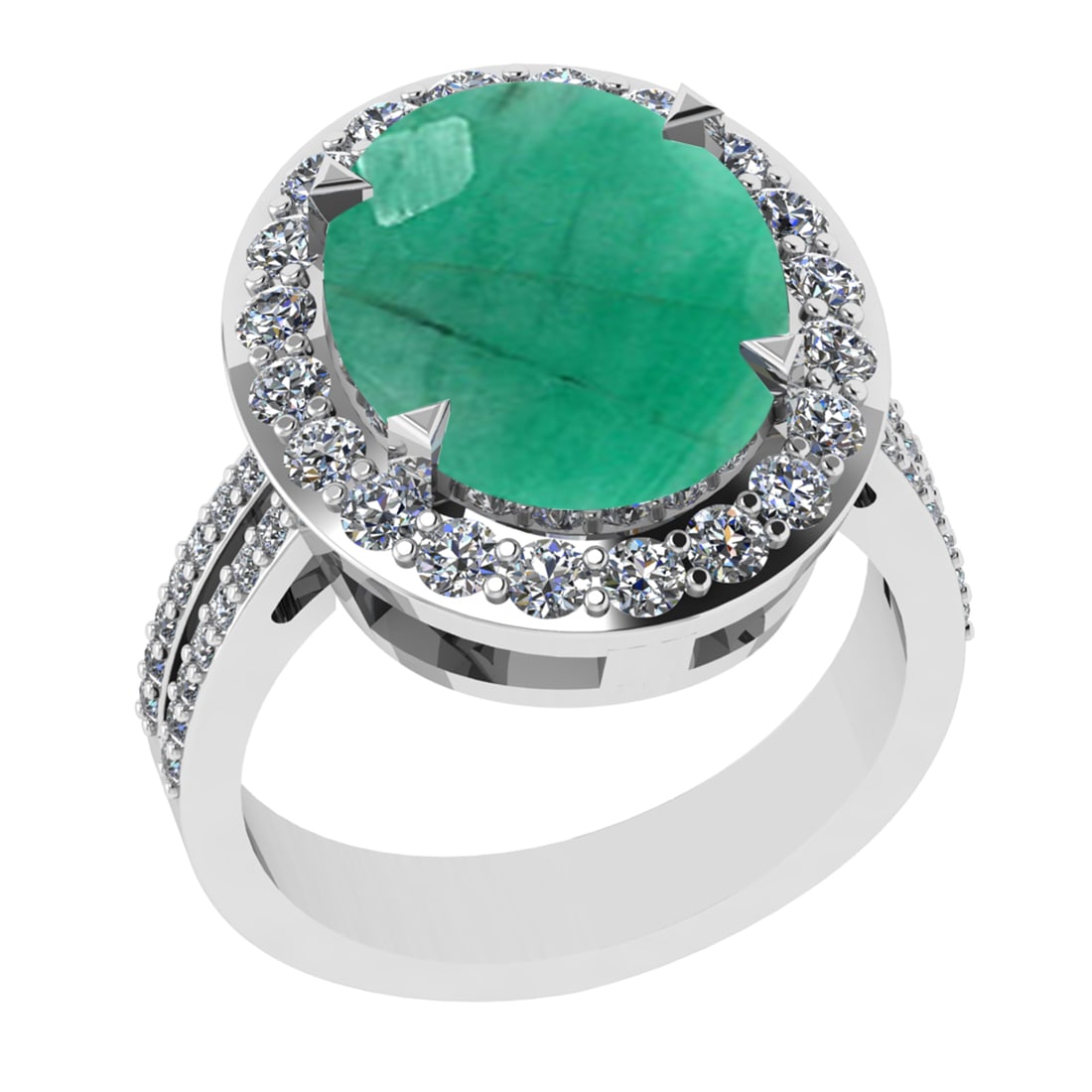 5.55 Ctw VS/SI1 Emerald And Diamond 14K White Gold Engagement Ring: Center Stone Weight : 5.10 Ctw ( Oval Cut ) Center Stone Color : Emerald Stone Setting : Prong Side Diamond Weight Of Ctw0.45 Ctw Side Stone Color : G-H Stone Clarity : VS/SI1 Stone Setting : Prong