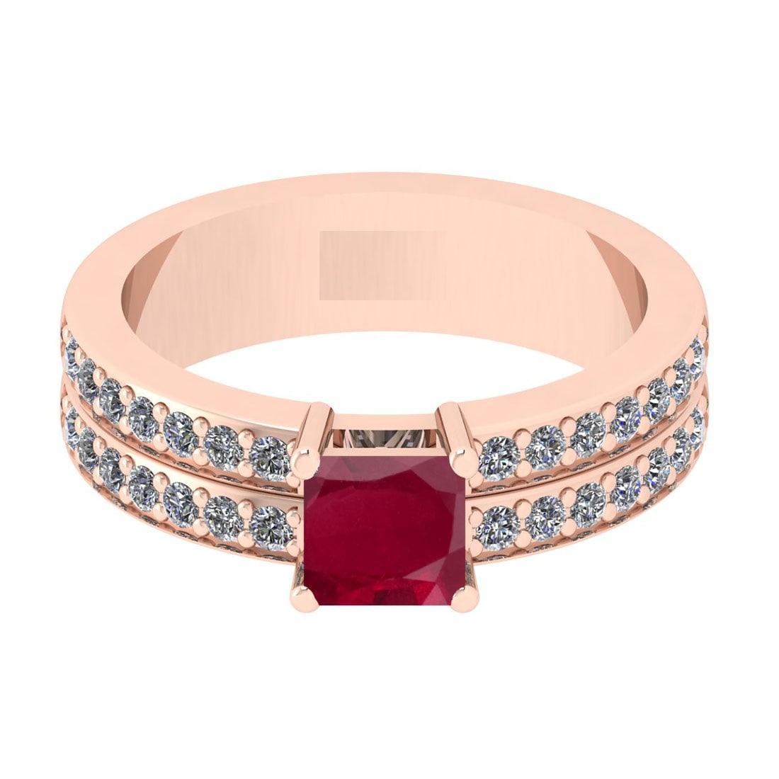 1.10 Ctw VS/SI1 Ruby And Diamond 14K Rose Gold Cocktail Ring: Center Stone Weight : 0.70 Ctw (Cushion Cut )Center Stone Color : Ruby Stone Setting : Prong Side Stone Weight Of Ctw 0.40 Ctw Side Stone Color : J-K Stone Clarity : VS/SI1 Stone Setting : Prong