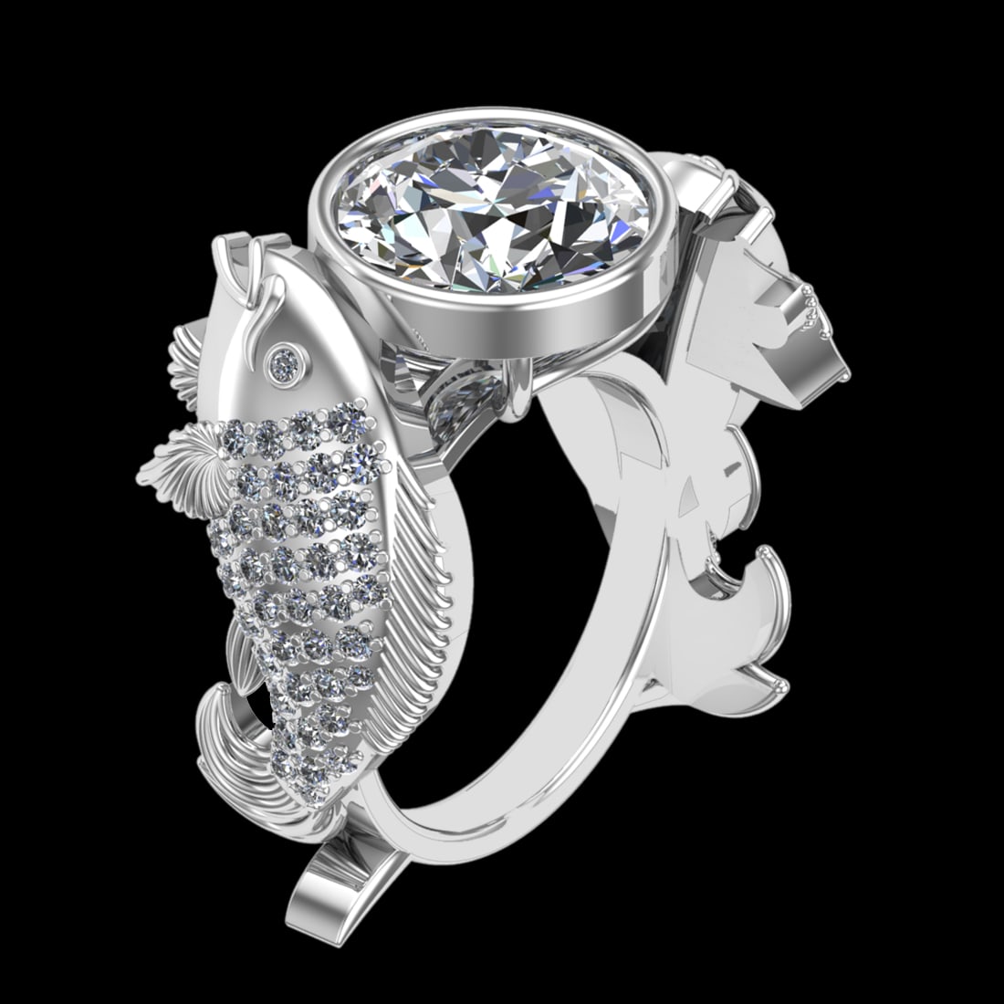 4.02 Ctw VS/SI1 Diamond 10k White Gold Fish theme zodiac signs Engagement R: Center Diamond Weight :-2.80 Ctw ( Round cut) Color :- J-K Clarity : VS/SI1 Center Stone Setting : Prong Side Diamond Weight Of Ctw 1.22 Ctw Color : J-K Clarity : VS/SI1 Stone Setting : Prong Metal