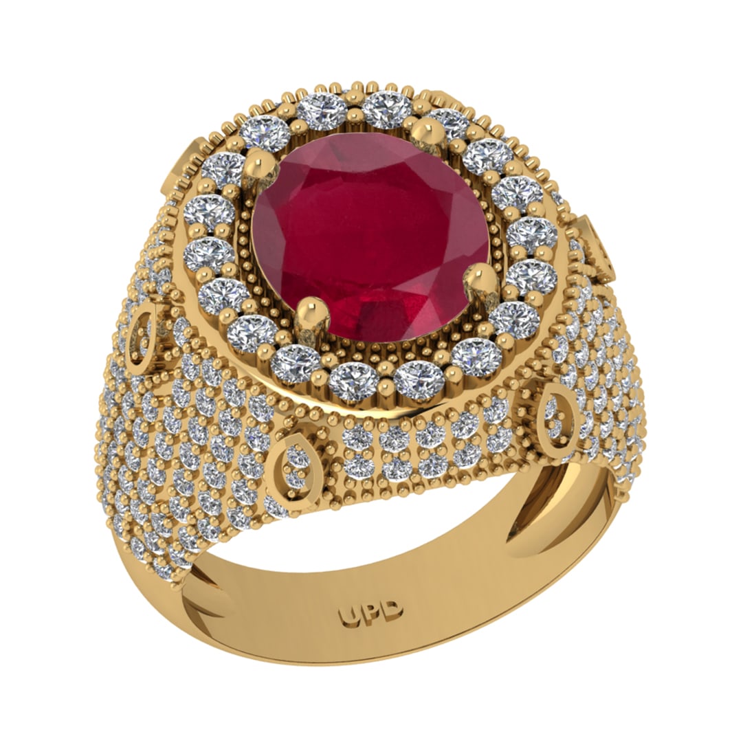 7.00 Ctw VS/SI1 Ruby And Diamond 14K Yellow Gold Engagement Ring: Center Stone Weight : 5.10 Ctw (Oval Cut ) Center Stone Color : Ruby Stone Setting : Prong Side Diamond Weight Of Ctw 1.90 Ctw Side Stone Color : G-H Stone Clarity : VS/SI1 Stone Setting : Prong