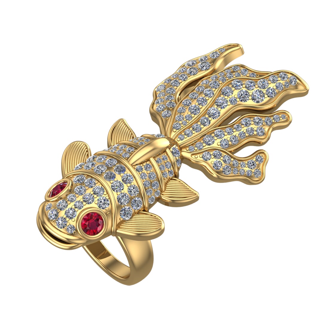 4.50 Ctw SI2/SI1 Ruby and Diamond Prong Set 14k Yellow Gold Fish theme Ring: Eye Stone Weight :- 0.50 ctw Eye Stone Color :- Ruby Total Daimond Weight :-4.00 Ctw Color : G-H Clarity : SI2/SI1 Setting : Prong Metal Weight : Approx 49.20 gram 14k Yellow Gold Fish theme Ring