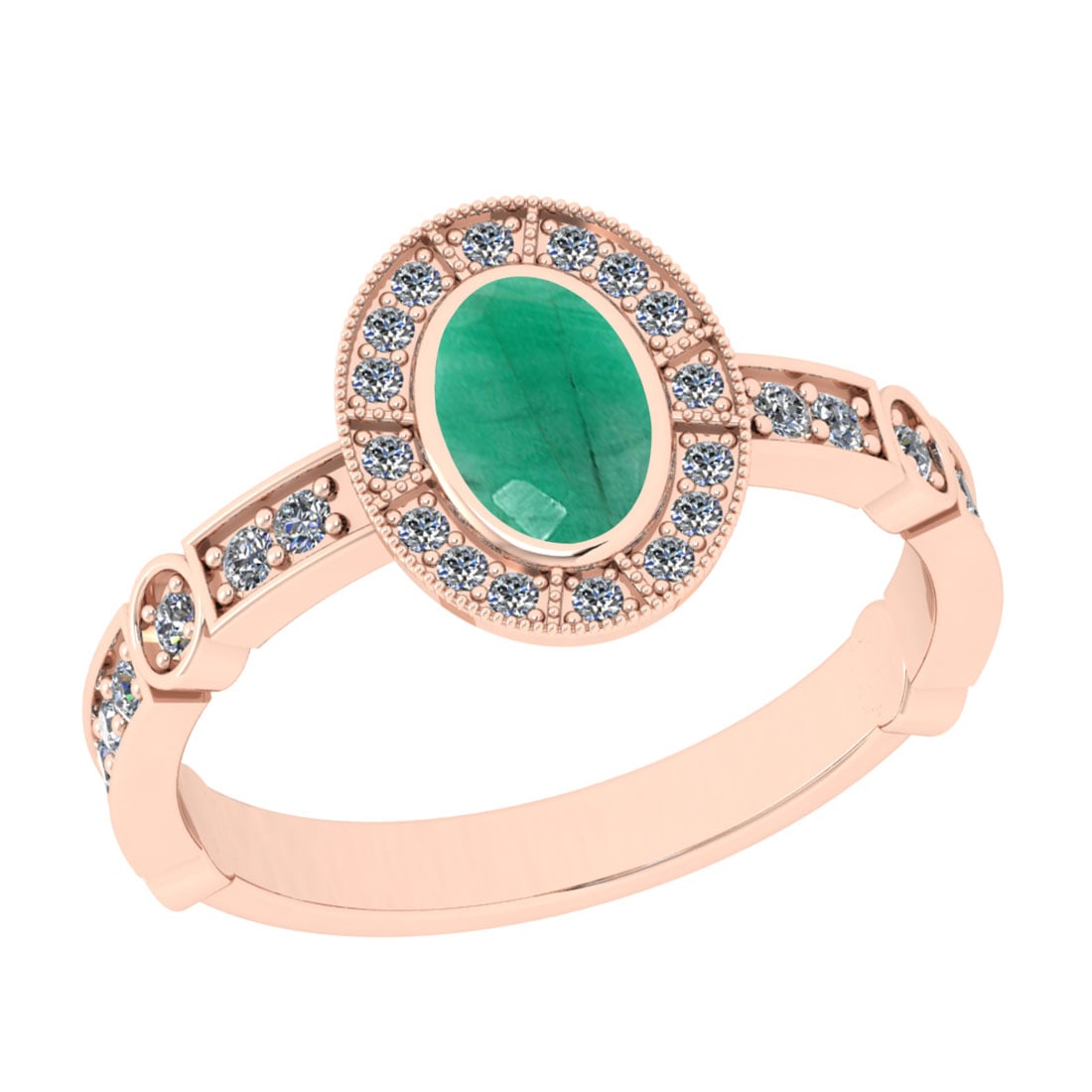 1.07 Ctw VS/SI1 Emerald And Diamond 14K Rose Gold Wedding Ring: Center Stone Weight : 0.75 Ctw (Oval Cut) Center Stone Color : Emerald Stone Setting : Prong Side Stone Weight Of Ctw 0.32 Ctw Side Stone Color : J-K Stone Clarity : VS/SI1 Stone Setting : Prong