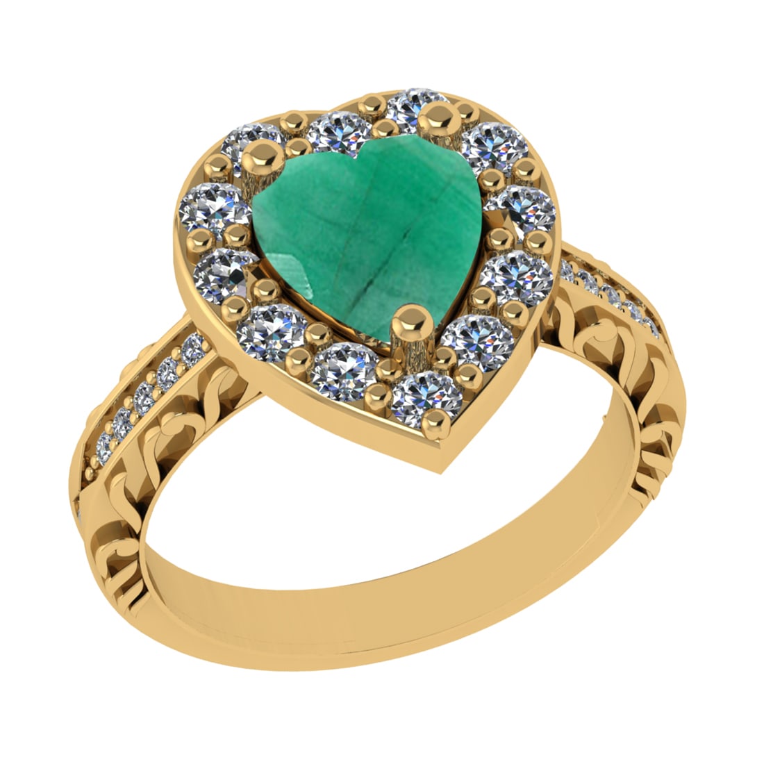 2.52 Ctw VS/SI1 Emerald And Diamond 14k Yellow Gold Engagement Ring (ALL DI: Center Stone Weight : 1.50 Ctw ( Heart Cut ) Center Stone Color : Emerald Stone Setting : Prong Side Diamond Weight Of Ctw 1.02 Ctw Side Stone Color : G-H Stone Clarity : VS/SI1 Stone Setting : Prong 