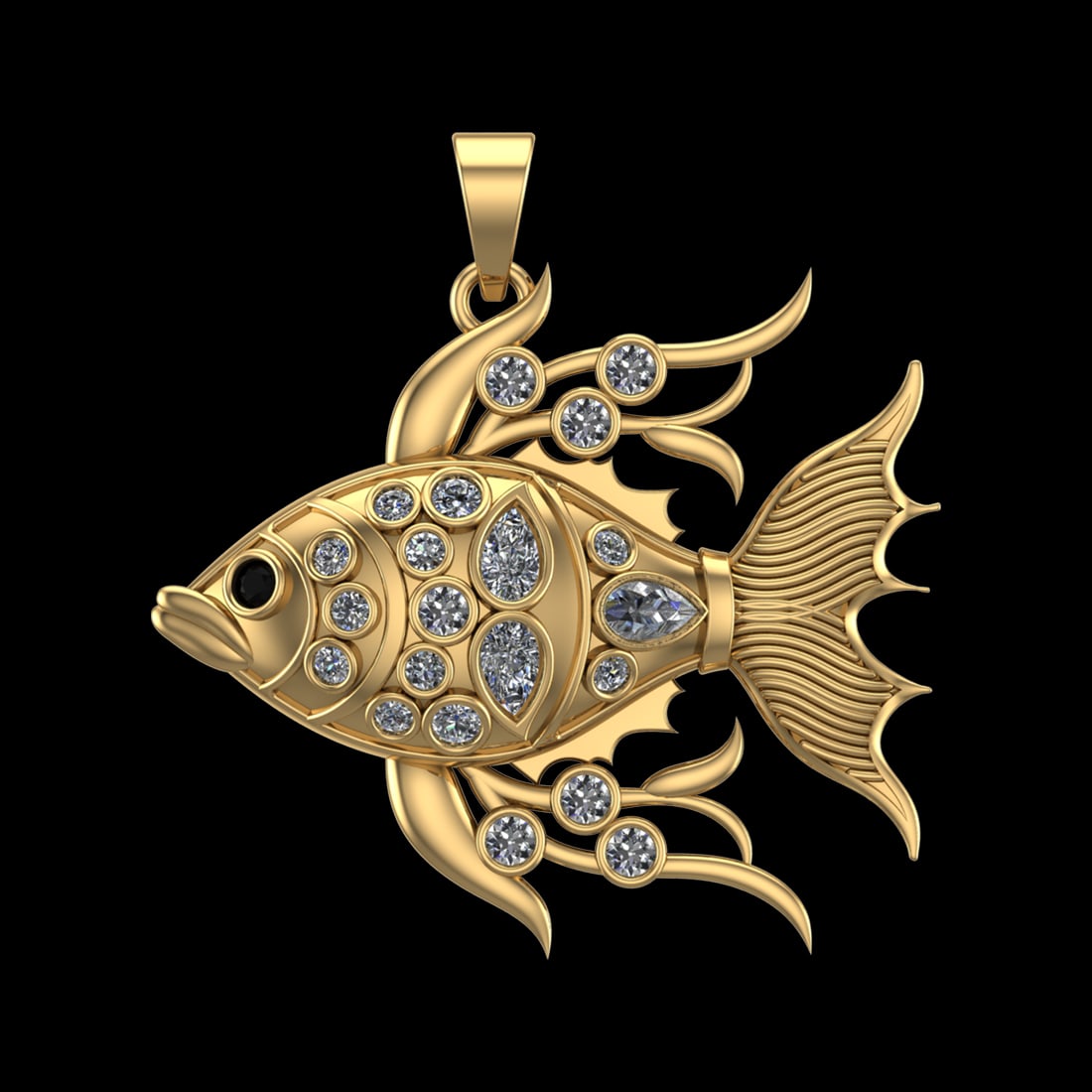 1.89 Ctw SI1/SI2Diamond Prong Set 10k Yellow Gold Fish Theme Pendant (ALL D: Eye Stone Weight :- 0.05 ctw Eye Stone Color :- Treated Fancy Black Diamond Total Daimond Weight :-1.83 Ctw Color : J-K Clarity : SI1/SI2 Setting : Prong Metal Weight : Approx 19.66 gram 10k Yellow Go