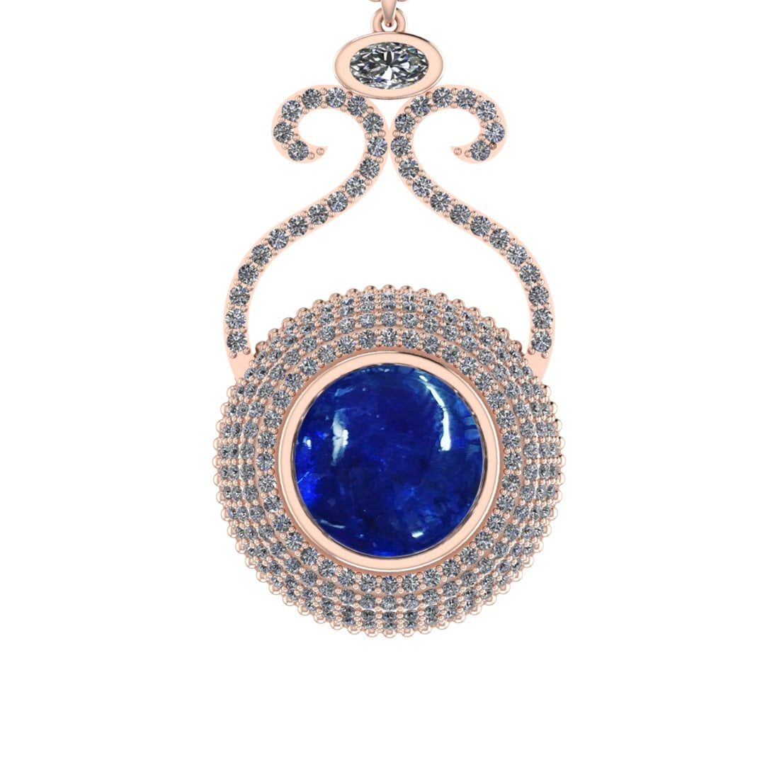 10.51 Ctw SI1/SI2 Tanzanite and Diamond 14k Rose Gold Pandant (ALL DIAMOND: Center Stone Weight :-8.50 Ctw ( Round Cab) Center Stone Color :-Tanzanite Center Stone Setting : Prong Side Diamond Weight Of Ctw 2.01 Ctw Color : J-K Clarity : SI1/SI2 Stone Setting : Prong Metal We