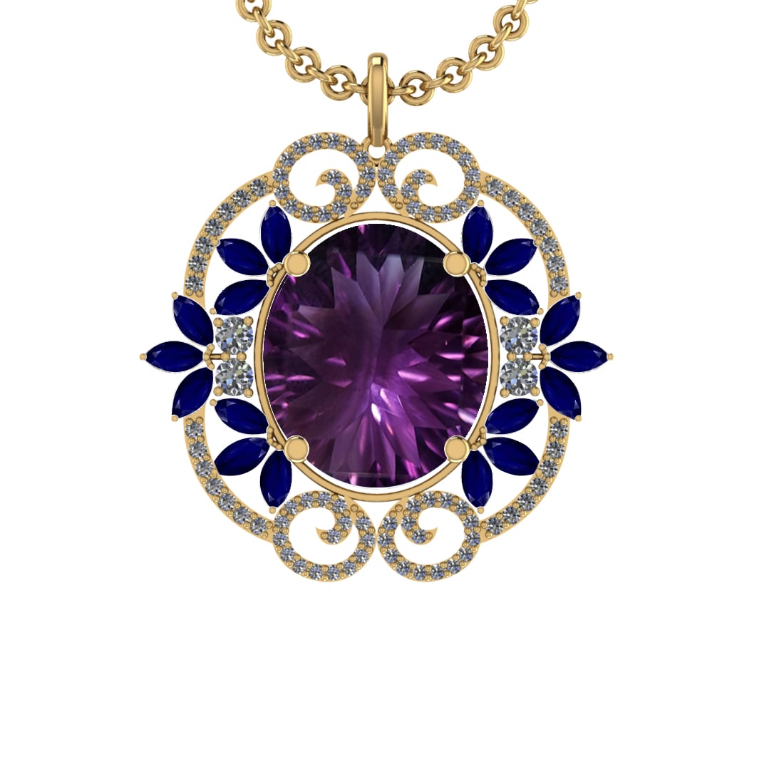 40.84 Ctw VS/SI1 Amethyst,Blue Sapphire and Diamond 14K Yellow Gold Pendant: Center Stone Weight : 38.36 Ctw ( Oval & Marquise Cut) Center Stone Color :-Amethyst,Blue Sapphire Setting : Prong Side Weight Of Ctw 2.48 Ctw Color : J-K Clarity : VS/SI1 Stone Setting : Prong Metal 