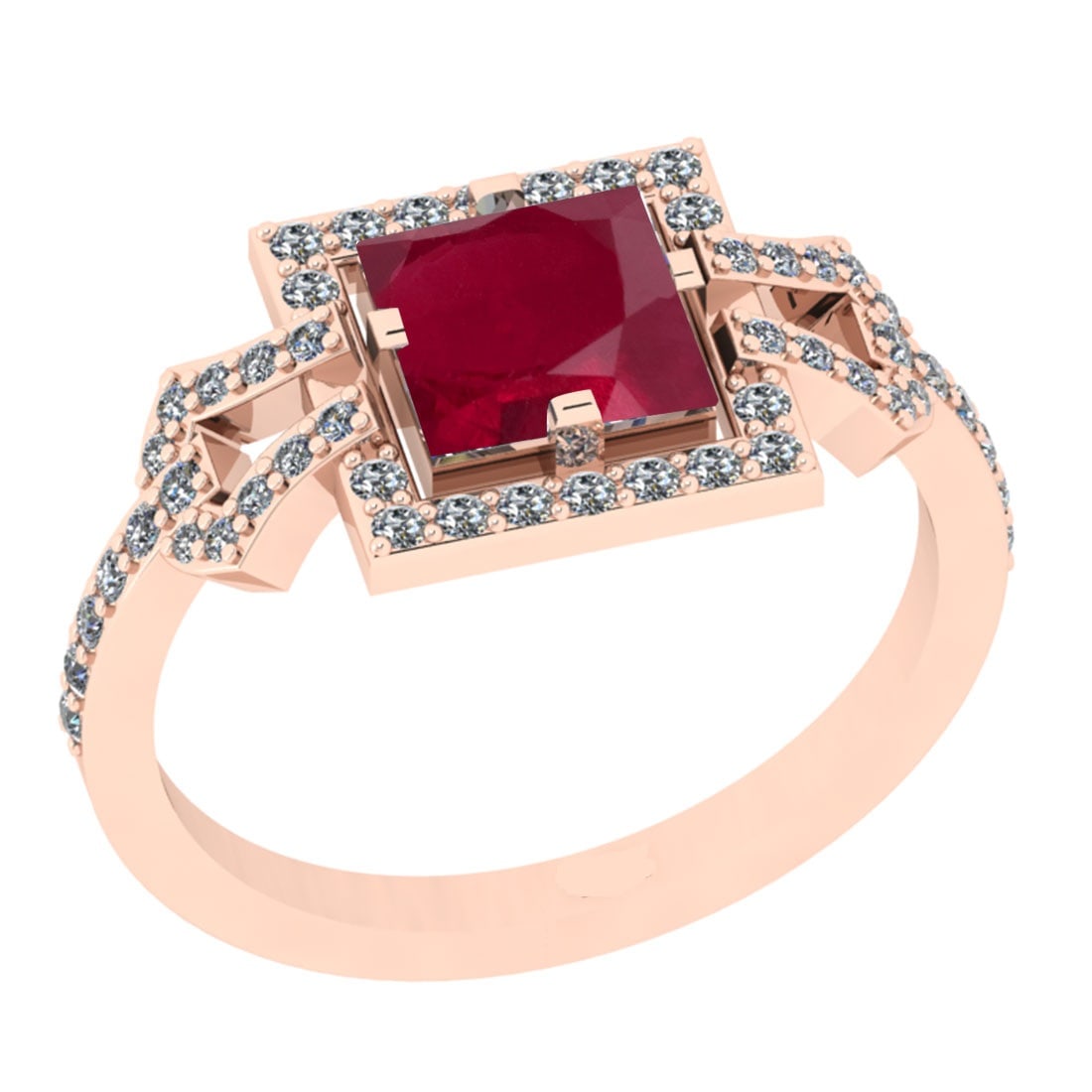 1.34 Ctw VS/SI1 Ruby And Diamond 14K Rose Gold Wedding Halo Ring: Center Stone Weight : 1.00 Ctw (Cushion Cut )Center Stone Color : Ruby Stone Setting : Prong Side Stone Weight Of Ctw 0.34 Ctw Side Stone Color : J-K Stone Clarity : VS/SI1 Stone Setting : Prong Metal