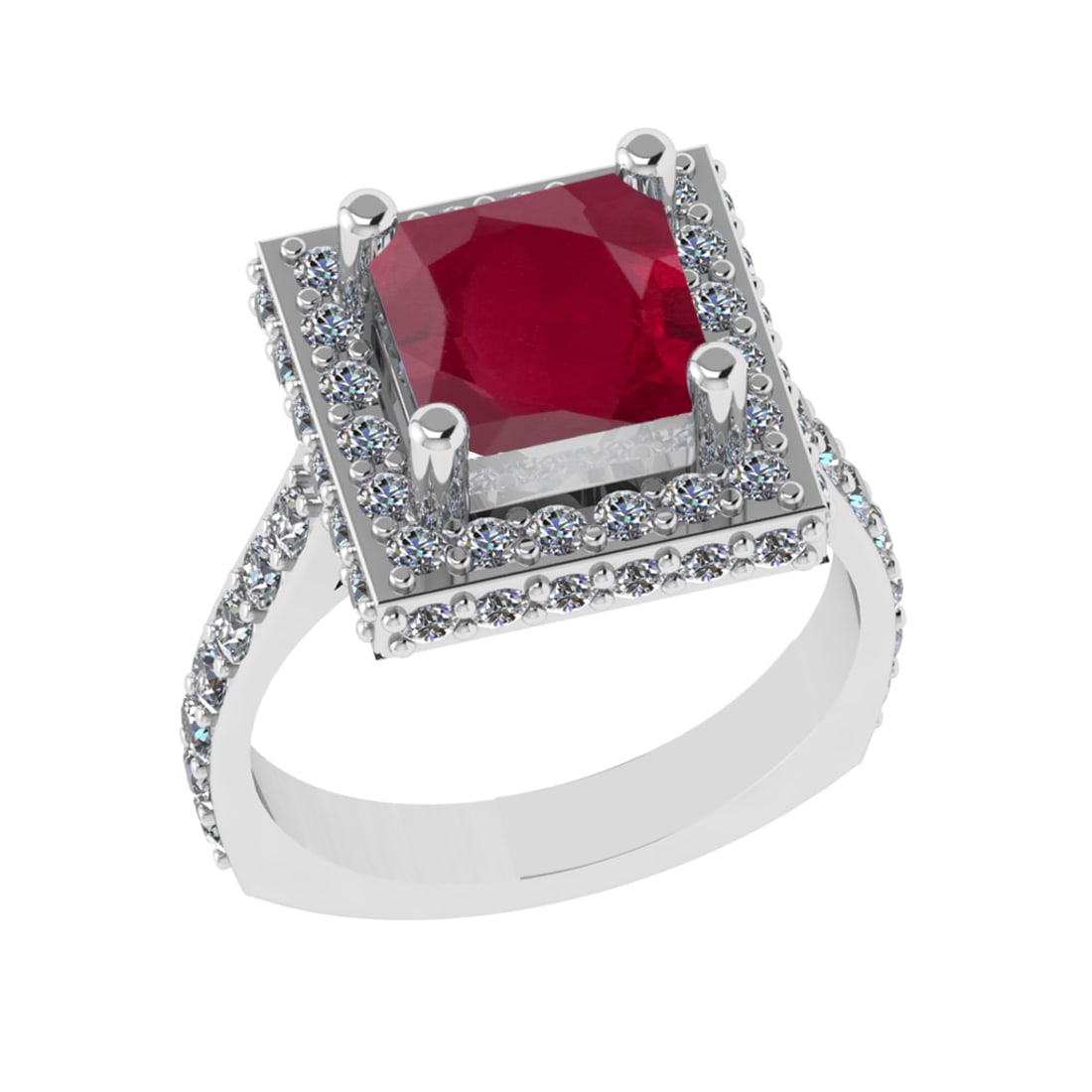 3.21 Ctw VS/SI1 Ruby And Diamond 14k White Gold Engagement Ring (ALL DIAMON: Center Stone Weight : 1.80 Ctw ( Cushion Cut ) Center Stone Color : Ruby Stone Setting : Prong Side Diamond Weight Of Ctw 1.41 Ctw Side Stone Color : G-H Stone Clarity : VS/SI1 Stone Setting : Prong M