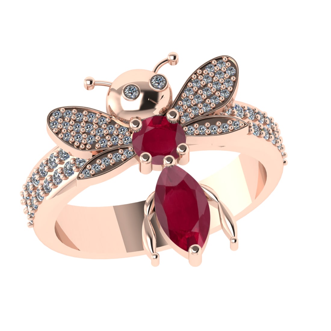 1.31 Ctw VS/SI1 Ruby and Diamond 14k Rose Gold Bees theme Ring (ALL DIAMOND: Center Stone Weight :-0.75 Ctw ( Marquise & Round Cut) Center Stone Color :-Ruby Center Stone Setting : Prong Side Diamond Weight Of Ctw :- 0.38 Ctw Color : J-K Clarity : VS/SI1 Daimond Setting : Pron
