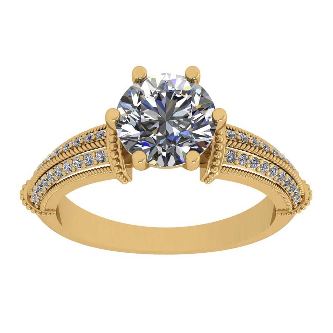 2.20 Ctw SI2/I1 Diamond Style Prong Set 18K Yellow Gold Engagement Wedding: Center Diamond Weight : 2.00 Ctw ( Round Cut) Center Diamond Color : G-H Center Stone Setting : Prong Center Stone Clarity : SI2/I1 Side Stone Weight Of Ctw 0.20 Ctw Side Stone Color : G-H Stone