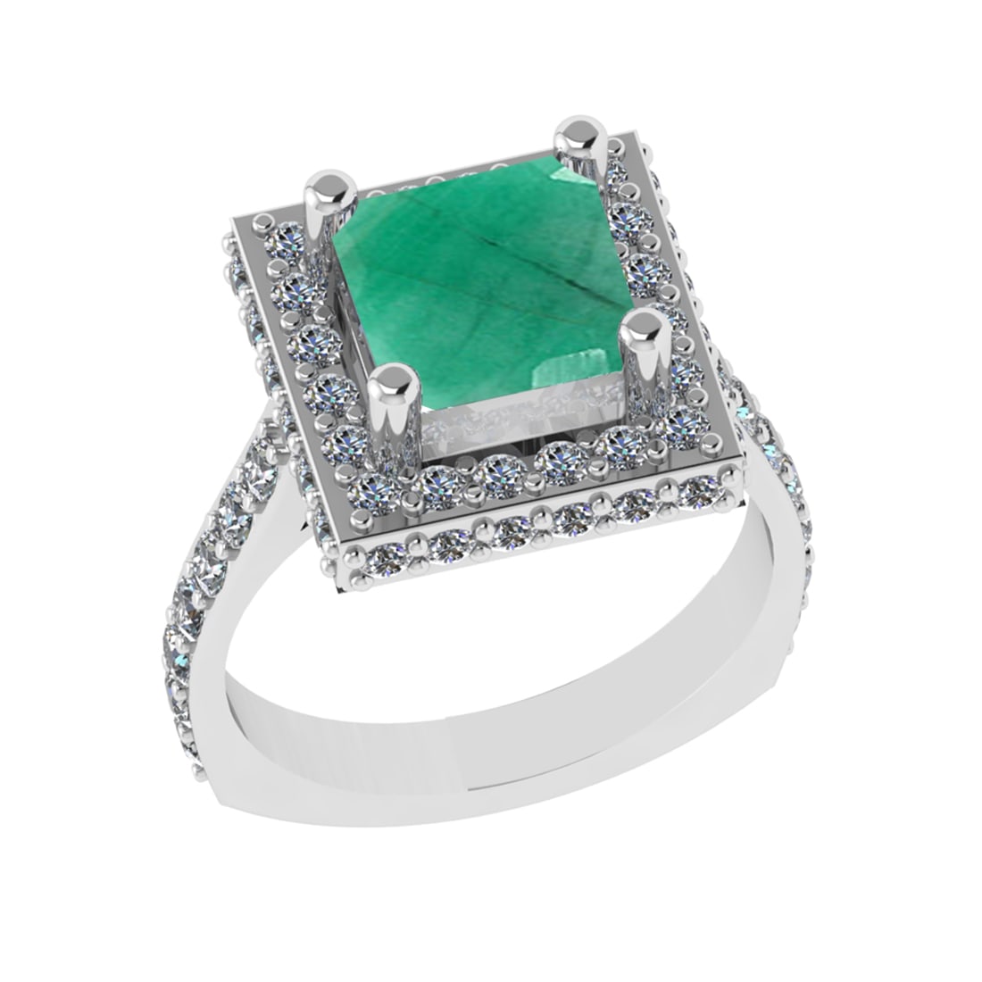 3.21 Ctw VS/SI1 Emerald And Diamond 14k White Gold Engagement Ring (ALL DIA: Center Stone Weight : 1.80 Ctw ( Cushion Cut ) Center Stone Color : Emerald Stone Setting : Prong Side Diamond Weight Of Ctw 1.41 Ctw Side Stone Color : G-H Stone Clarity : VS/SI1 Stone Setting : Pron