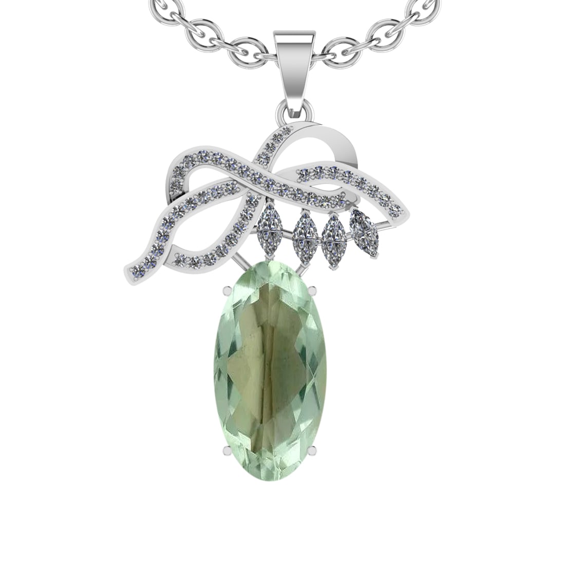 16.99 Ctw I2/I3 Green Amethyst And Diamond 10K White Gold Necklace(ALL DIAM: Center Stone Weight : 15.95 Ctw ( Oval Cut ) Center Stone Color : Green Amethyst Stone Setting : Prong Side Diamond Weight Of Ctw 1.04 Ctw Side Stone Color : J-K Stone Clarity : I2/I3 Stone Setting : 