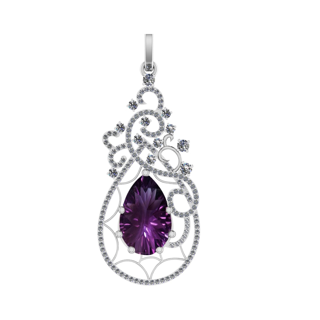 93.13 Ctw SI2/SI1 Amethyst and Diamond Prong Set 14k white Gold Pendant (AL: Center Stone Weight :-84.66 Ctw ( Pear Cut) Center Stone Color :-Amethyst Center Stone Setting : Prong Side Diamond Weight Of Ctw 8.47 Ctw Color : F-G Clarity : SI2/SI1 Stone Setting : Prong Metal Wei