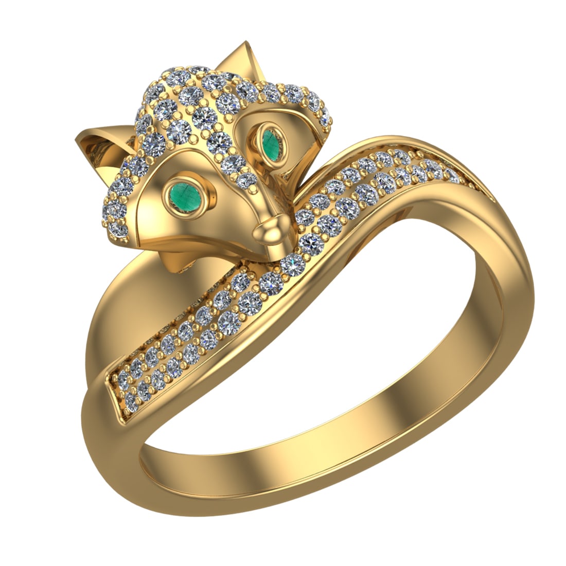 0.52 Ctw VS/SI1 Emerald and Diamond 14k Yellow Gold Animal theme Fox Ring (: Center Stone Weight :-0.03 Ctw ( Round Cut) Center Stone Color :-Emerald Center Stone Setting : Prong Side Diamond Weight Of Ctw :- 0.49 Ctw Color : J-K Clarity : VS/SI1 Daimond Setting : Prong Metal 