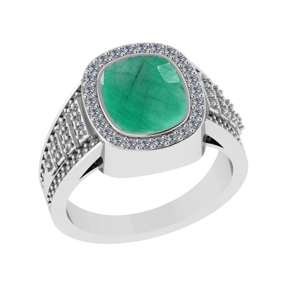 3.28 Ctw VS/SI1 Emerald and Diamond 14k white Gold Engagement Ring (ALL DIA: Center Stone Weight :-2.70 Ctw ( Cushion Cut) Center Stone Color :-Emerald Center Stone Setting : Prong Side Diamond Weight Of Ctw 0.58 Ctw Color : G-H Clarity : VS/SI1 Daimond Setting : Prong Metal W