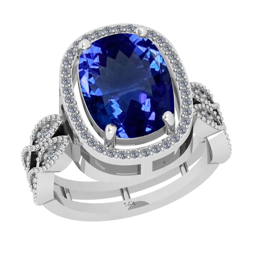 5.03 Ctw VS/SI1 Tanzanite And Diamond 18k White Gold Cocktail Ring: Center Stone Weight : 4.72 Ctw (Cushion Cut ) Center Stone Color : Tanzanite Stone Setting : Prong Side Stone Weight Of Ctw 0.31 Ctw Side Stone Color : J-K Stone Clarity : VS/SI1 Stone Setting : Prong