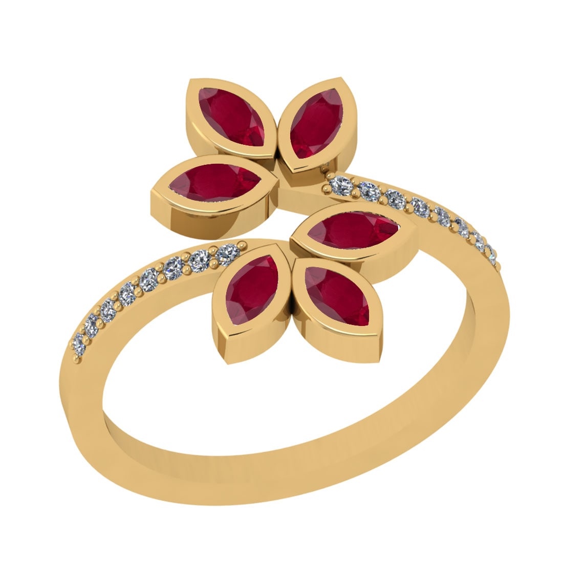 0.72 Ctw VS/SI1 Ruby And Diamond 14K Yellow Gold Bypass Ring: Center Stone Weight : 0.60 Ctw (Marquise Cut) Center Stone Color : Ruby Stone Setting : Prong Side Stone Weight Of Ctw 0.12 Ctw Side Stone Color : J-K Stone Clarity : VS/SI1 Stone Setting : Prong Meta