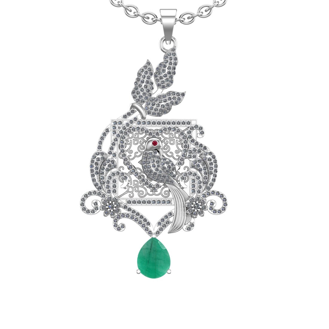 4.41 Ctw VS/SI1 Emerald and Diamond Prong Set 14K White Gold Pendant (ALL D: Eye stone Weight :-0.01 ctw Eye stone Color :- Emerald Center Stone Weight : 2.50 Ctw (Pear Cut) Center Stone Color : Emerald Setting : Prong Side Weight Of Ctw 1.90 Ctw Color : J-K Clarity : VS/SI1 S