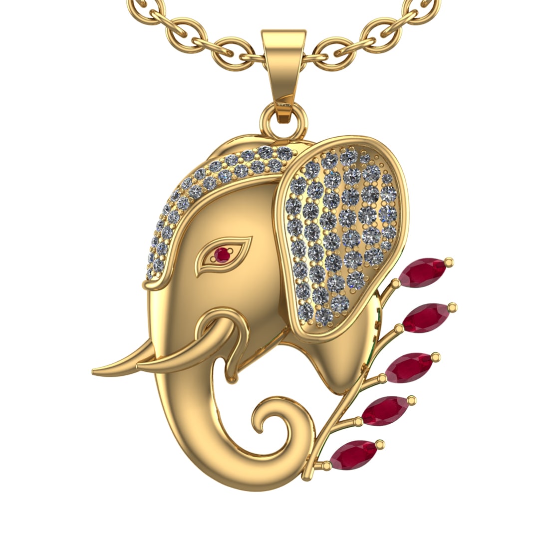 1.99 Ctw VS/SI1 Ruby and Diamond 14k Yellow Gold Animal theme Elephant Pend: Center Stone Weight :-0.75 Ctw ( Marquise & Round Cut) Center Stone Color :-Ruby Center Stone Setting : Prong Side Diamond Weight Of Ctw :- 1.24 Ctw Color : J-K Clarity : VS/SI1 Daimond Setting : Pron