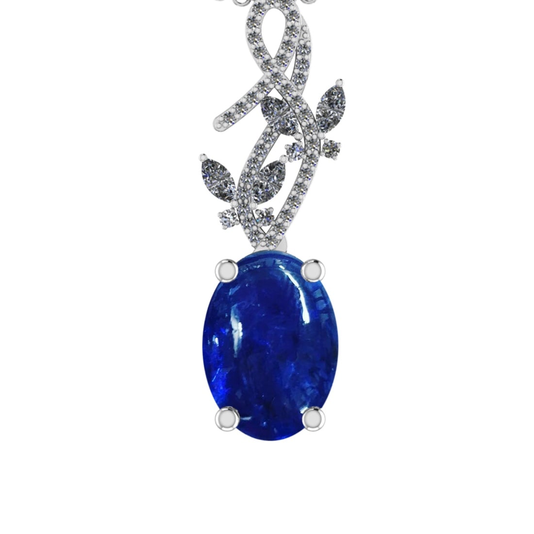 28.72 Ctw SI1/SI2 Tanzanite and Diamond 14k white Gold Pandant (ALL DIAMOND: Center Stone Weight :-27.00 Ctw ( Oval Cab) Center Stone Color :-Tanzanite Center Stone Setting : Prong Side Diamond Weight Of Ctw 1.72 Ctw Color : J-K Clarity : SI1/SI2 Stone Setting : Prong Metal