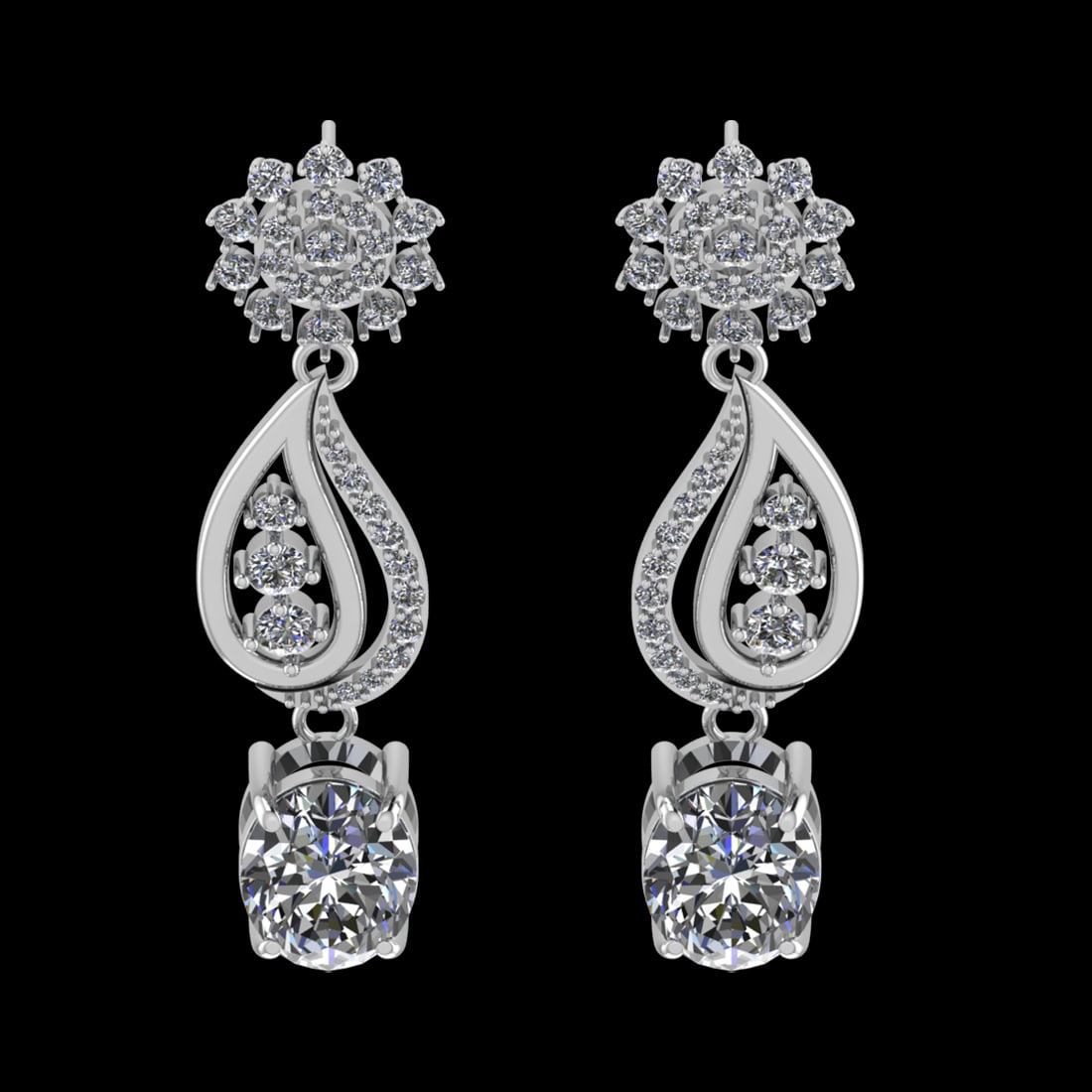 13.57 Ctw VS/SI1 Diamond Prong Set 18k white Gold Dangle Stud Earrings (ALL: Center Daimond Weight :-10.10 Ctw ( Oval Cut) Color : G-H Clarity : VS/SI1 Side Diamond Weight Of Ctw 3.47 Ctw Color : G-H Clarity : VS/SI1 Daimond Setting : Prong Metal Weight : Approx 14.56 gram 18k